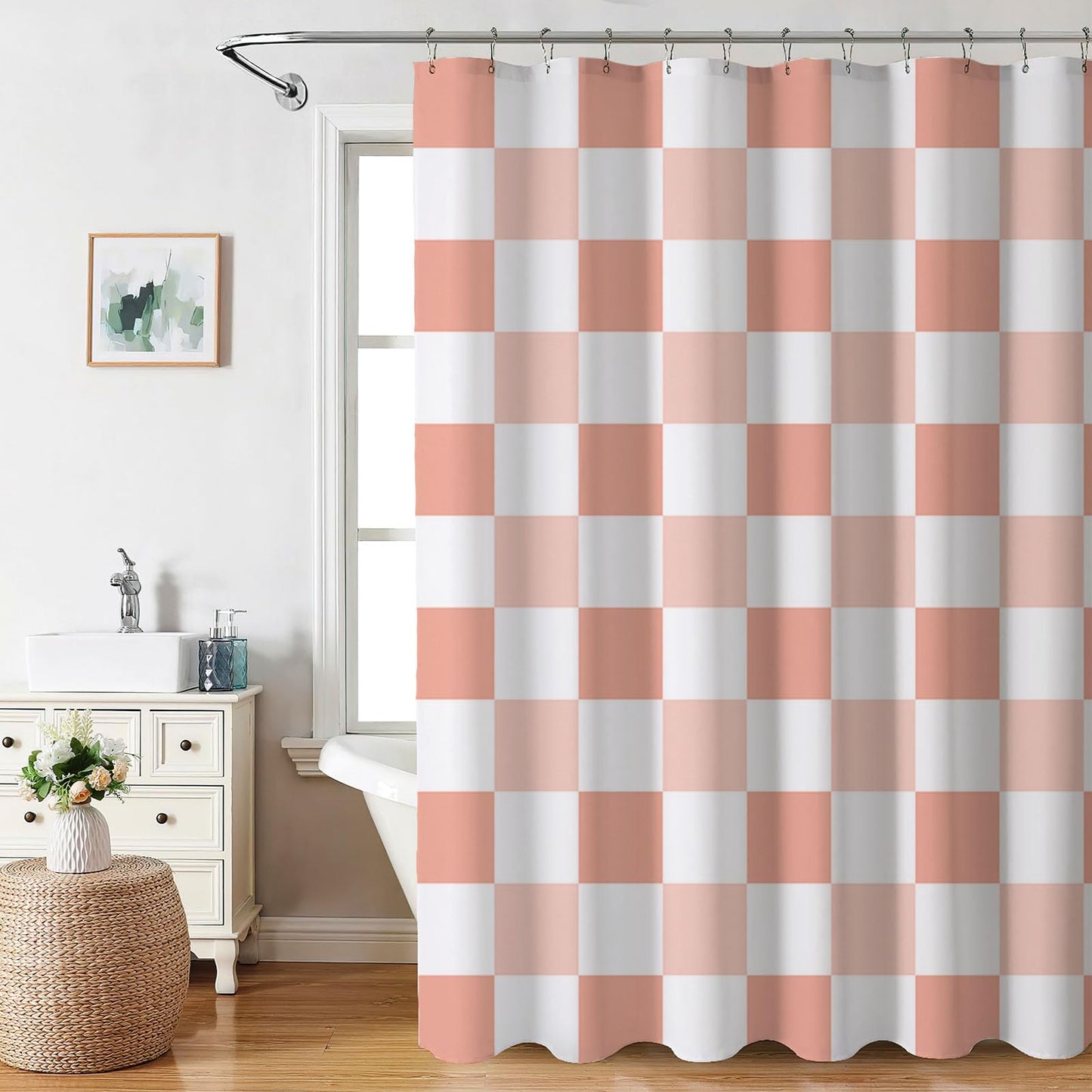 AIBIIN Checkered Shower Curtain 180x180cm/72x72 Inch - Pink Waterproof Bath Curtain, Durable Vintage Checkerboard Design with 12 Hooks
