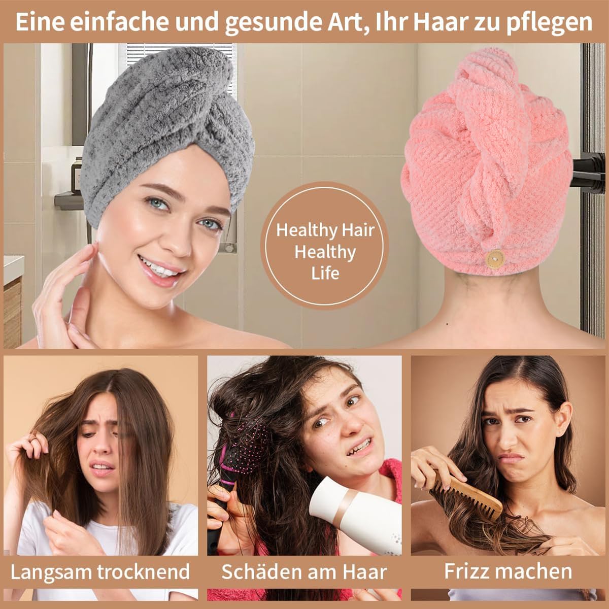 KinHwa Microfibre Hair Towels Wrap Super Absorbent 30x70cm Large Dry Hair Turban for Women Wet Long Thick Hair 2 Pack (Pink+Grey)