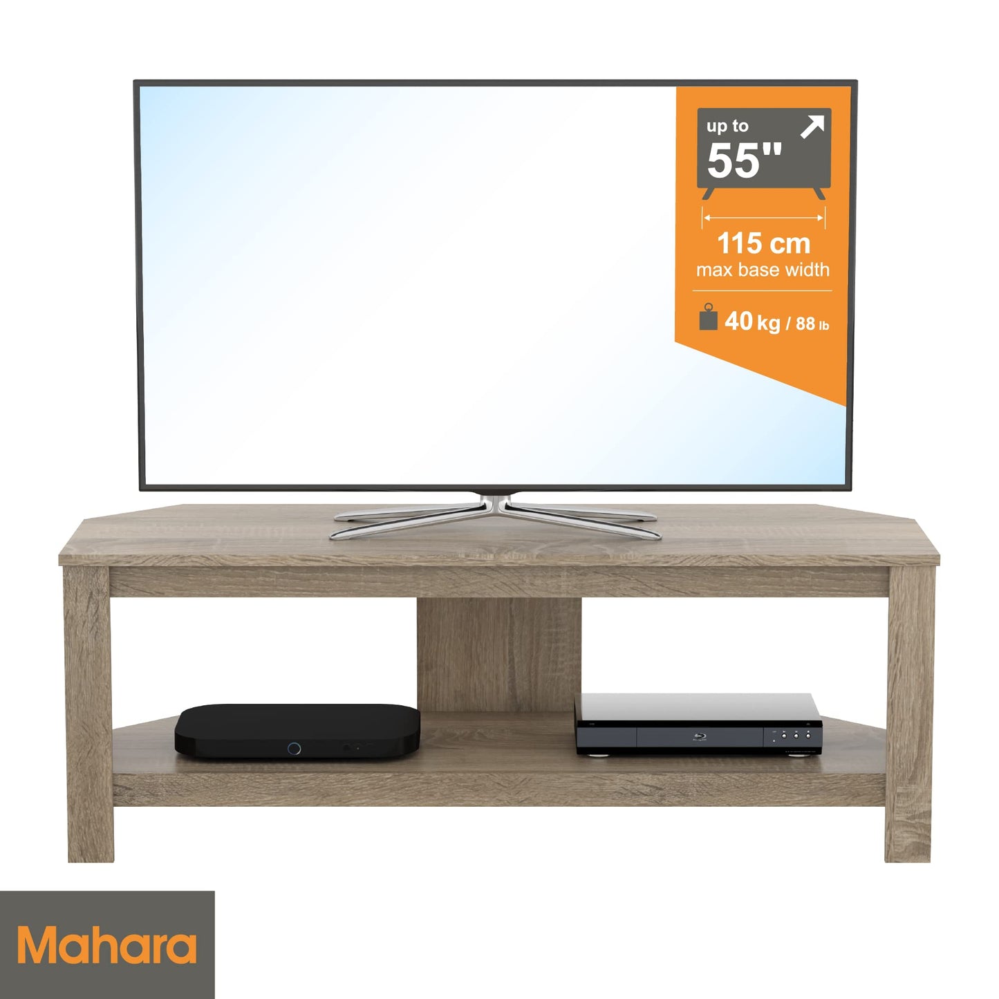mahara Corner TV Stand - TV Floor Stand for Max 55" TV - Modern TV Stand for Max 40kg TV (Rustic Sawn Oak, Up to 55" - No Glass)