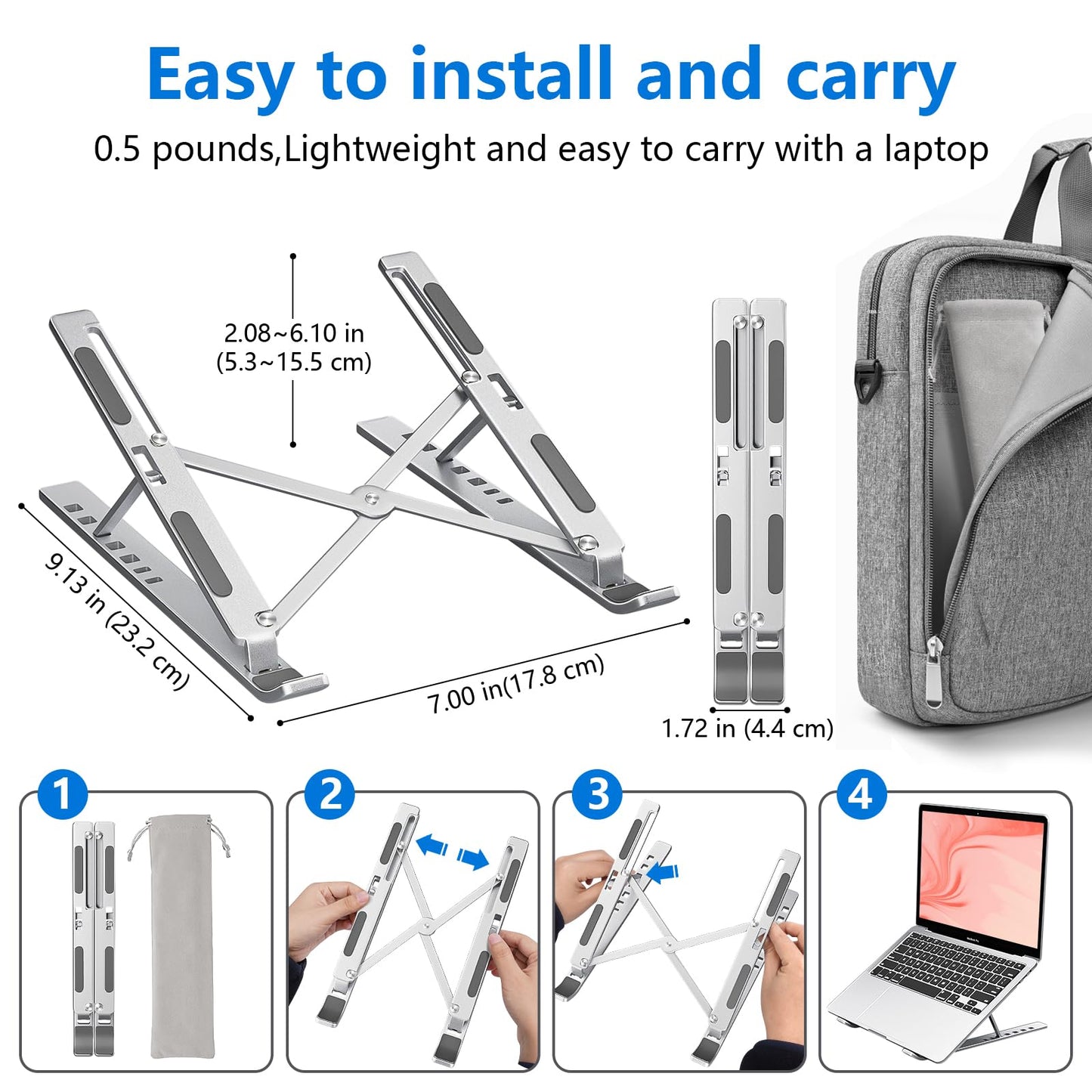Sopholid Laptop Stand for Desk, Aluminum Metal MacBook Stand，Computer Riser for Desk, Portable Foldable Adjustable Notebook Holder