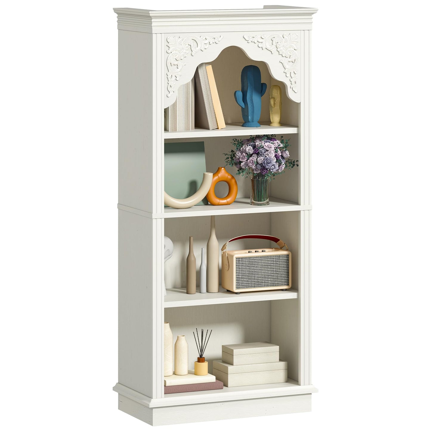 YITAHOME 4-Tier Vintage Bookcase with Carved Design Bookshelf Open Display Storage– Ideal for Living Room, Bedroom, Study & Office, White, 140cm