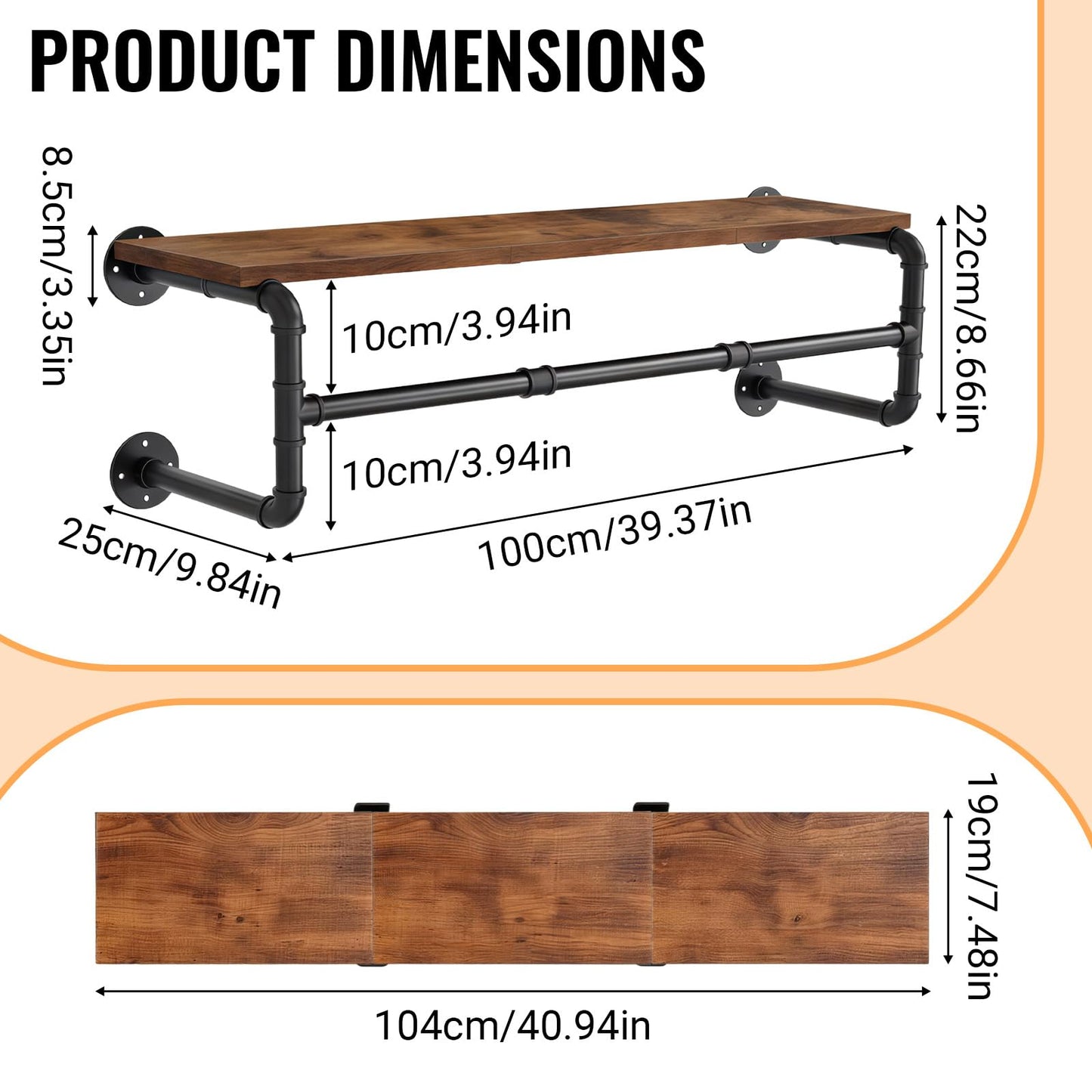 NBOUOU Wall Mounted Clothes Rail, 100cm Industrial Pipe Clothing Rack with Top Shelf, Shelves Clothes Hanging Rail Storage Organizer
