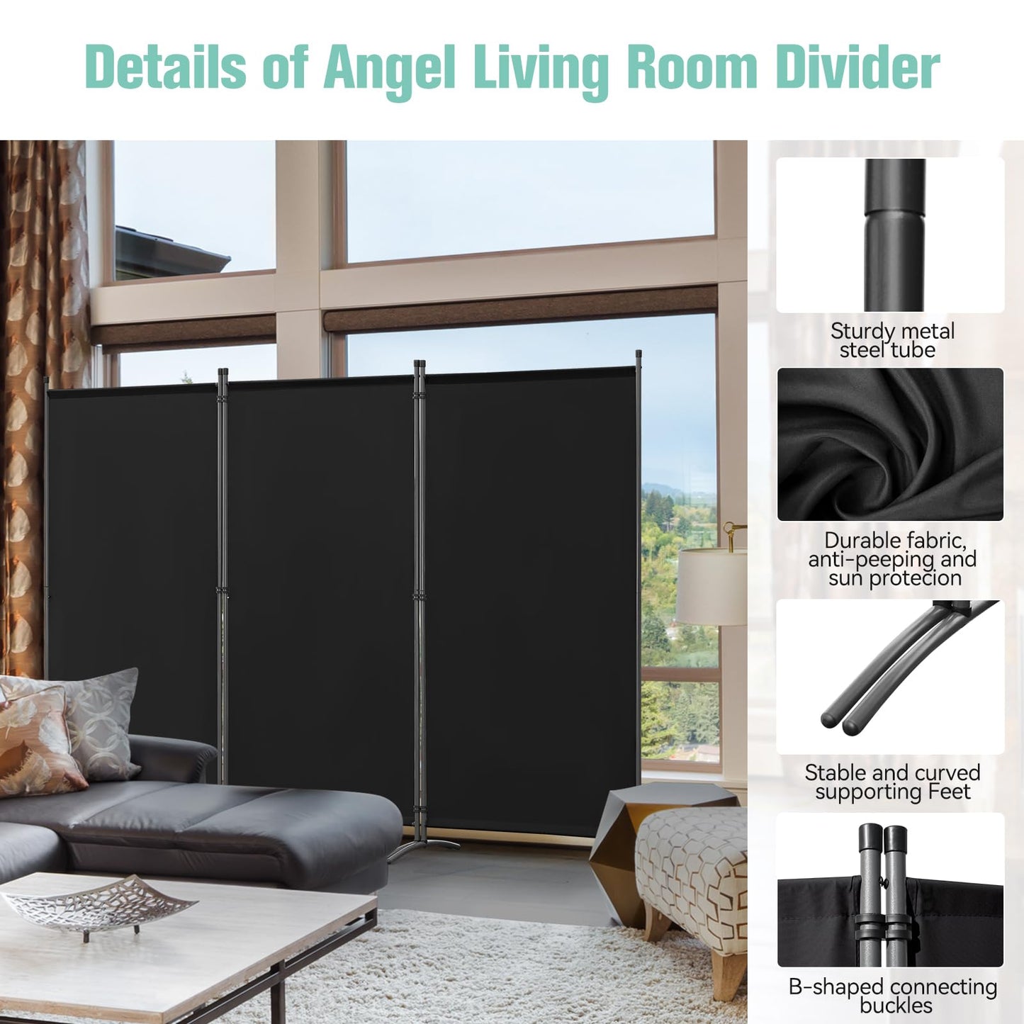 Angel Living 3 Panels Folding Room Divider | Privacy Screen with Polyester Fabric & Sturdy Iron Frame | Freestanding Partition for Office, Bedroom