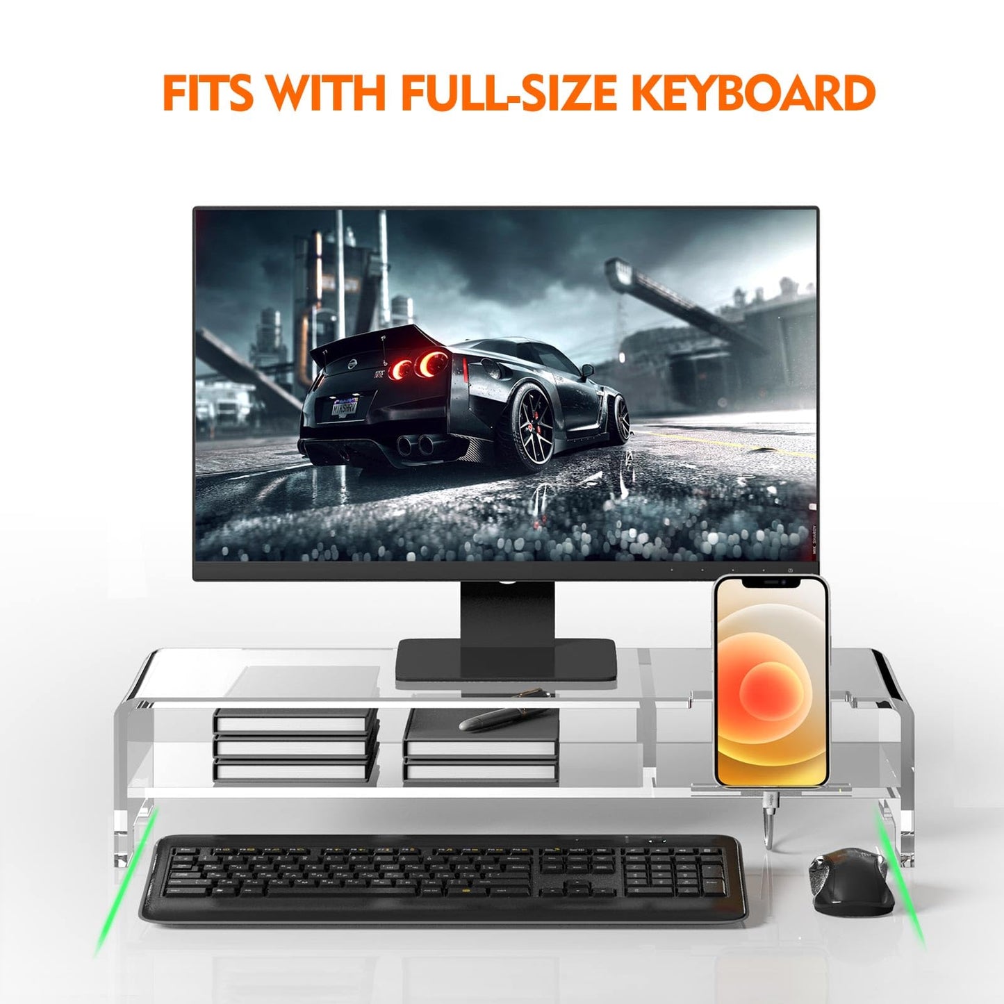 BEYGORM Acrylic Monitor Stand Riser, Wide 20", 2 Tier Computer with Storage, Desk Organizer Desktop Printer Laptop Storage Shelf Screen Holder Phone