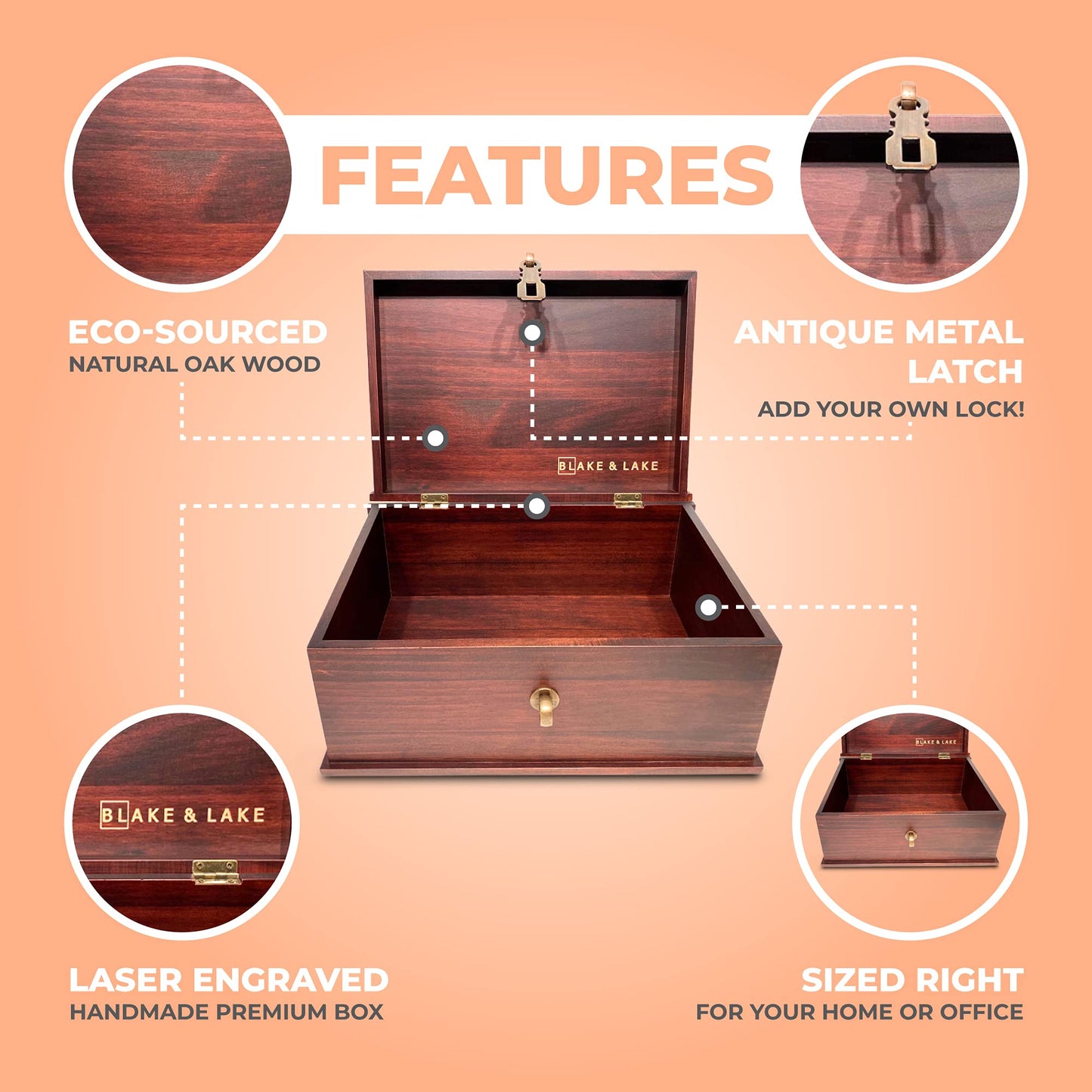 Blake & Lake Antique Style Wood Storage Box - Decorative Wooden Box with Hinged Lid and Metal Latch for Home or Office
