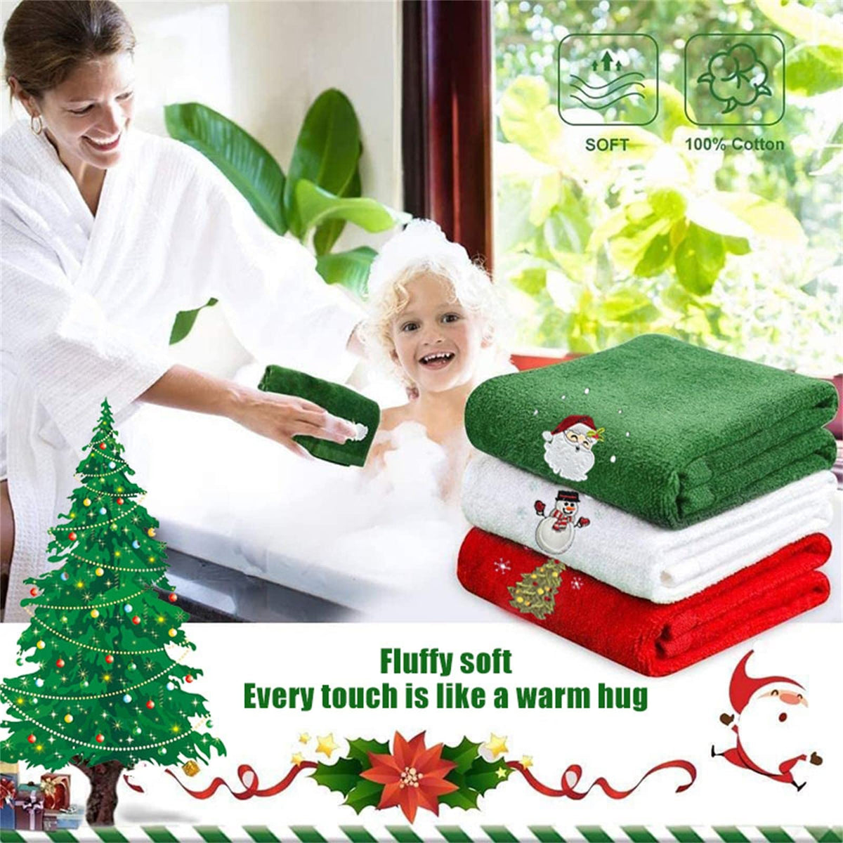 Kouoybt Christmas Hand Towels Set 3 Pack Kitchen Dish Towels Dishcloths for Bathroom Housewarming Gifts Decorations Red White Green, Pack of 3