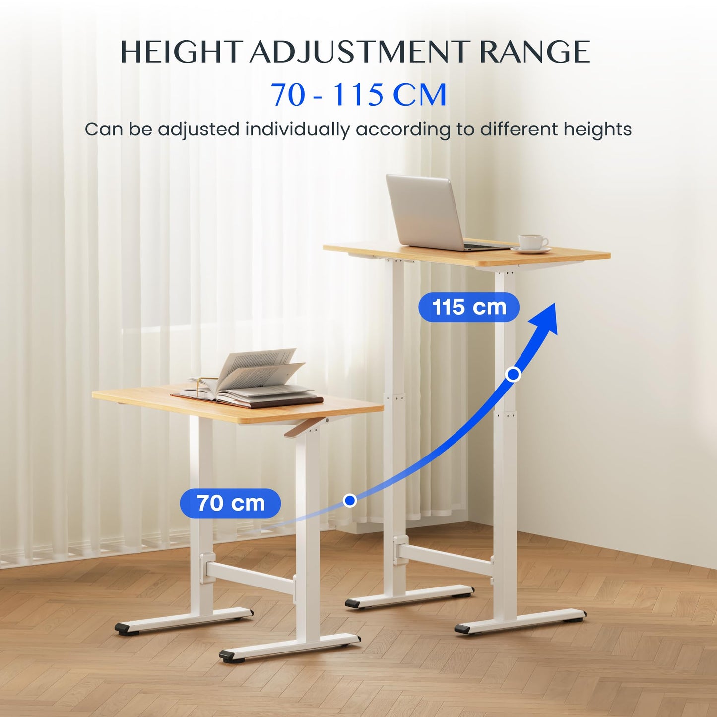 FLEXISPOT Small Standing Desk 80×50cm with Wheels, Pneumatic Height Adjustable Rolling Laptop Table, Mobile Bedside Workstation, Maple