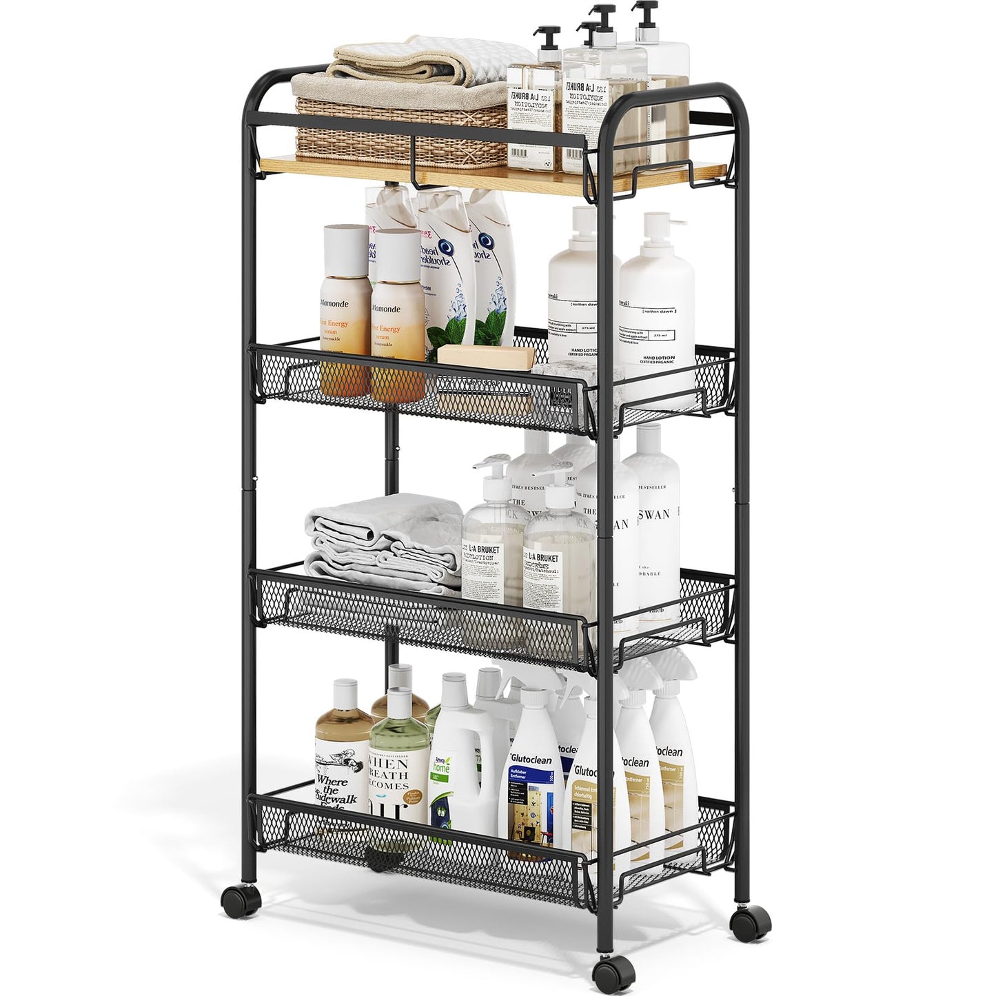 KINGRACK 4-Tier Rolling Cart with Wooden Tabletop & Mesh Baskets, Slide Out Metal Utility Cart
