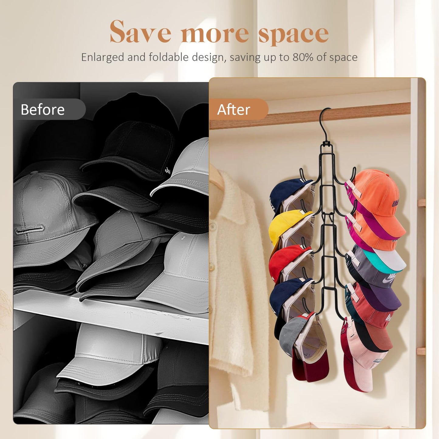 Hat Organizer for Closet, Collapsible Caps Rack with 10 Rotatable Large Hooks, Holds Up to 40 Baseball Caps