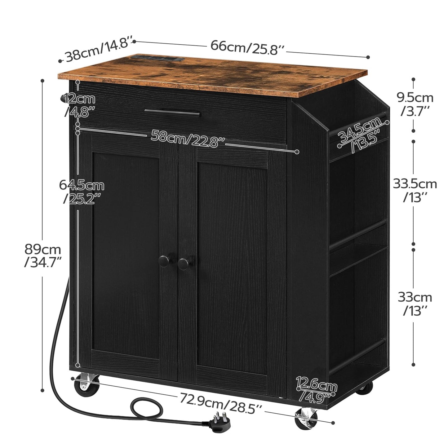 HOOBRO Kitchen Island on Wheels, Rolling Kitchen Island Storage Trolley with Spice Rack and Drawer, with Power Outlet, Utility Serving Cart, for Home