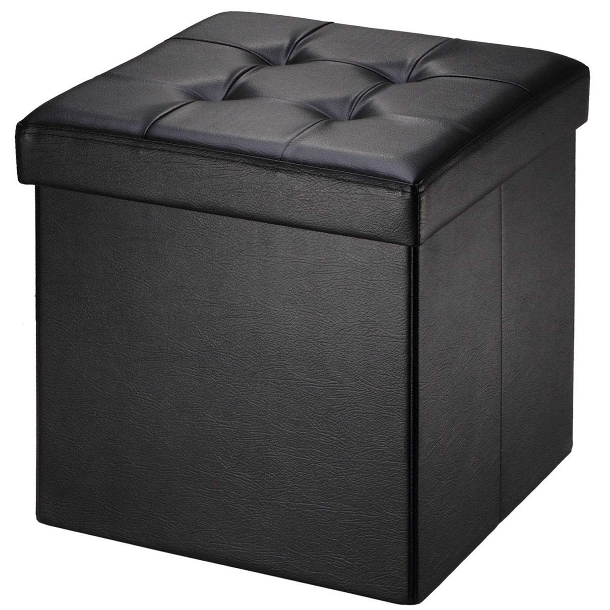 BRIAN & DANY Folding Ottoman Storage Box with Lid, Faux Leather Footstool Toy Storage Box Storage Seat 38 x 38 x 38 cm (Black)