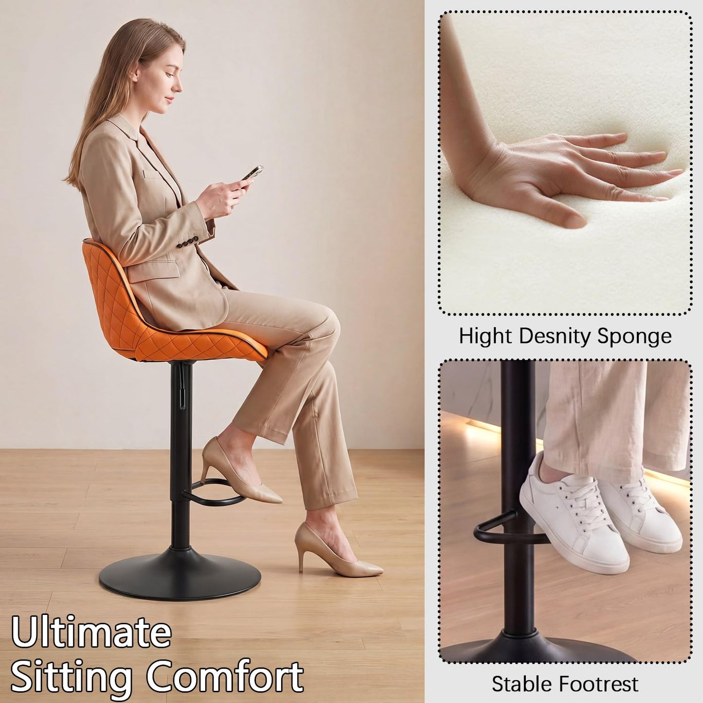 YOUNUOKE Orange Bar Stools Set of 2 Modern Counter Height Barstool