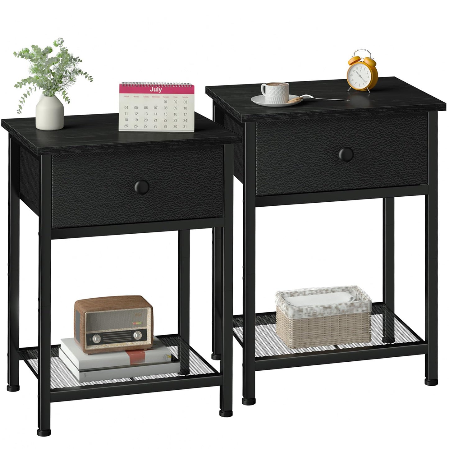 AMHANCIBLE Bedside Tables Set of 2, Side Tables with Fabric Drawers