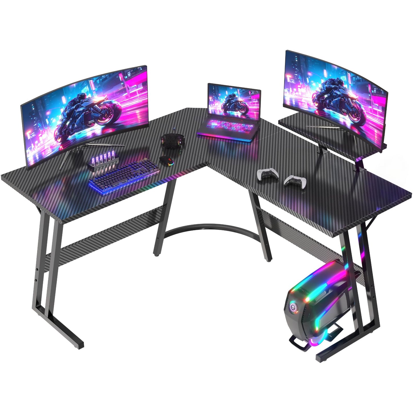 JUMMICO L Shaped Gaming Desk with Large Monitor Stand,120x120x75cm Corner Desk for Home Office Study Writing Workstation, Carbon Fibre Black
