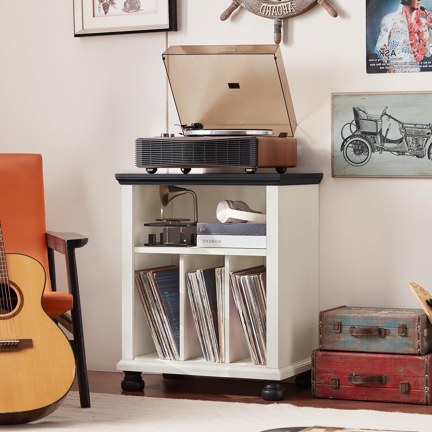 LELELINKY Large Record Player Stand with Vinyl Record Storage, 24" Wide Wood Turntable Stand, Mid-Century Record Player Table Up to 200 Albums
