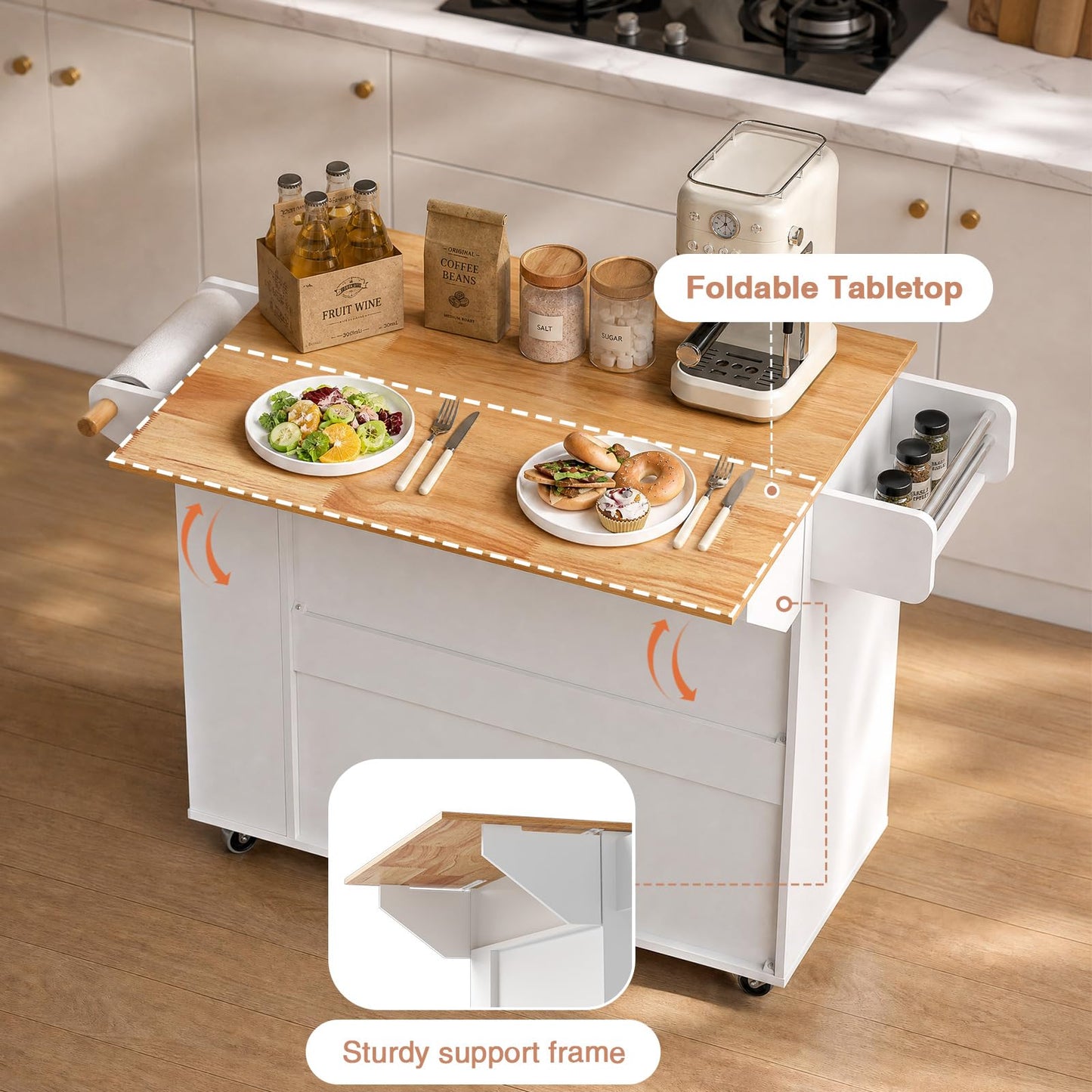 Yvsevnr Kitchen Island with Drawers on Wheels, Rolling Kitchen Island Cart with Towel & Spice Rack, Drop Leaf