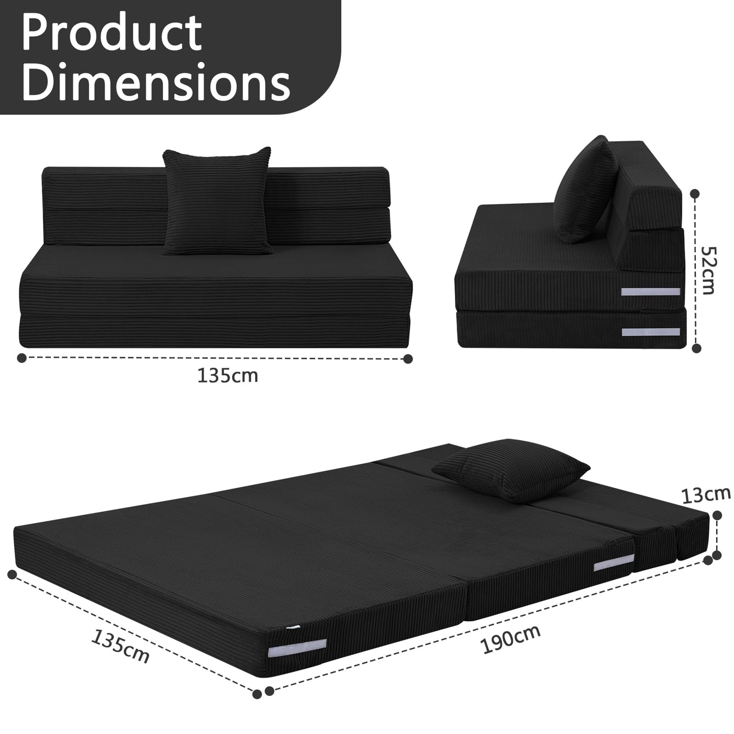 MeMoreCool Folding Mattress Double, Corduroy Fold Out Sofa Bed, Grey