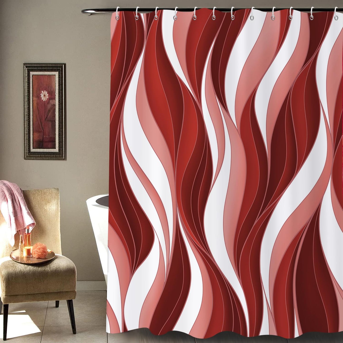 GCIREC Shower Curtain, 180x180cm, Modern Abstract Burgundy Red Pink White Ombre Striped Minimalist Art Waterproof Fabric Machine Washable Bathroom
