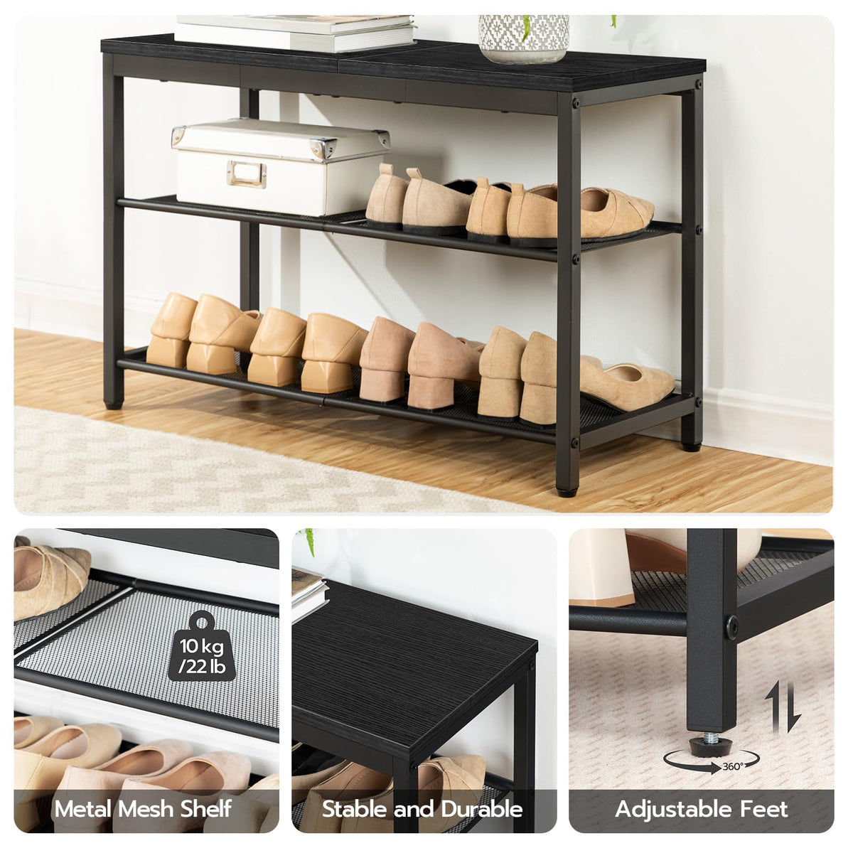 HOOBRO Shoe Rack, 3-Tier Shoe Bench with 2 Mesh Shelves, Shoe Storage Bench with Seat, for Entryway, Hallway, Living Room, Small Space, Easy Assembly