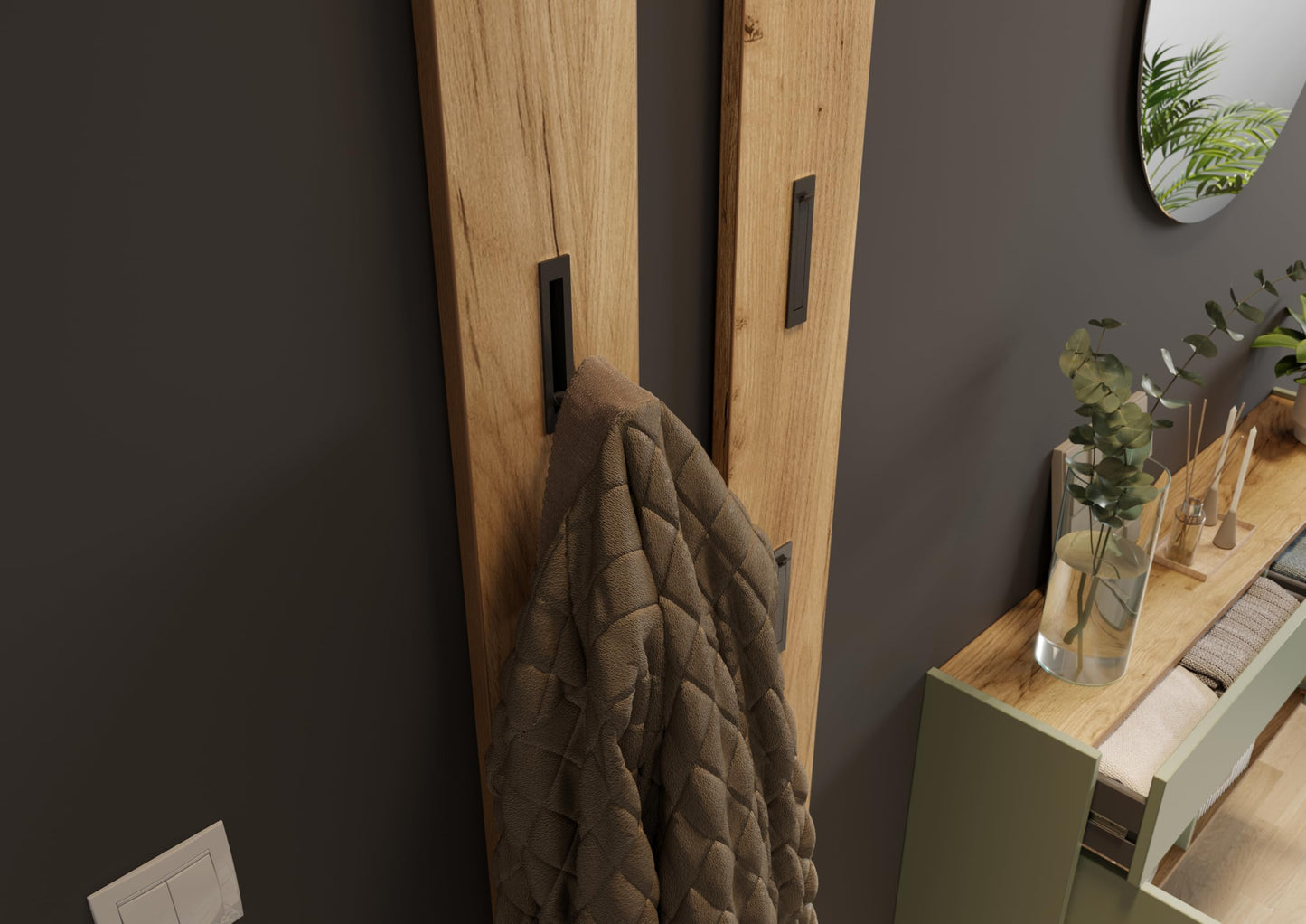 Germania Coat rack panel 3728-243, in Navarra-oak repro, with three fold-out metal coat hooks, 15 x 170 x 3 cm (WxHxD)