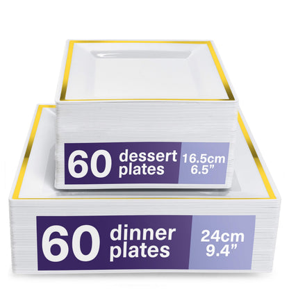 MATANA 120 Premium White Square Plastic Plates with Gold Rim - 60 24cm Dinner Plates, 60 16.5cm Dessert Plates - Elegant & Reusable Party Plates for