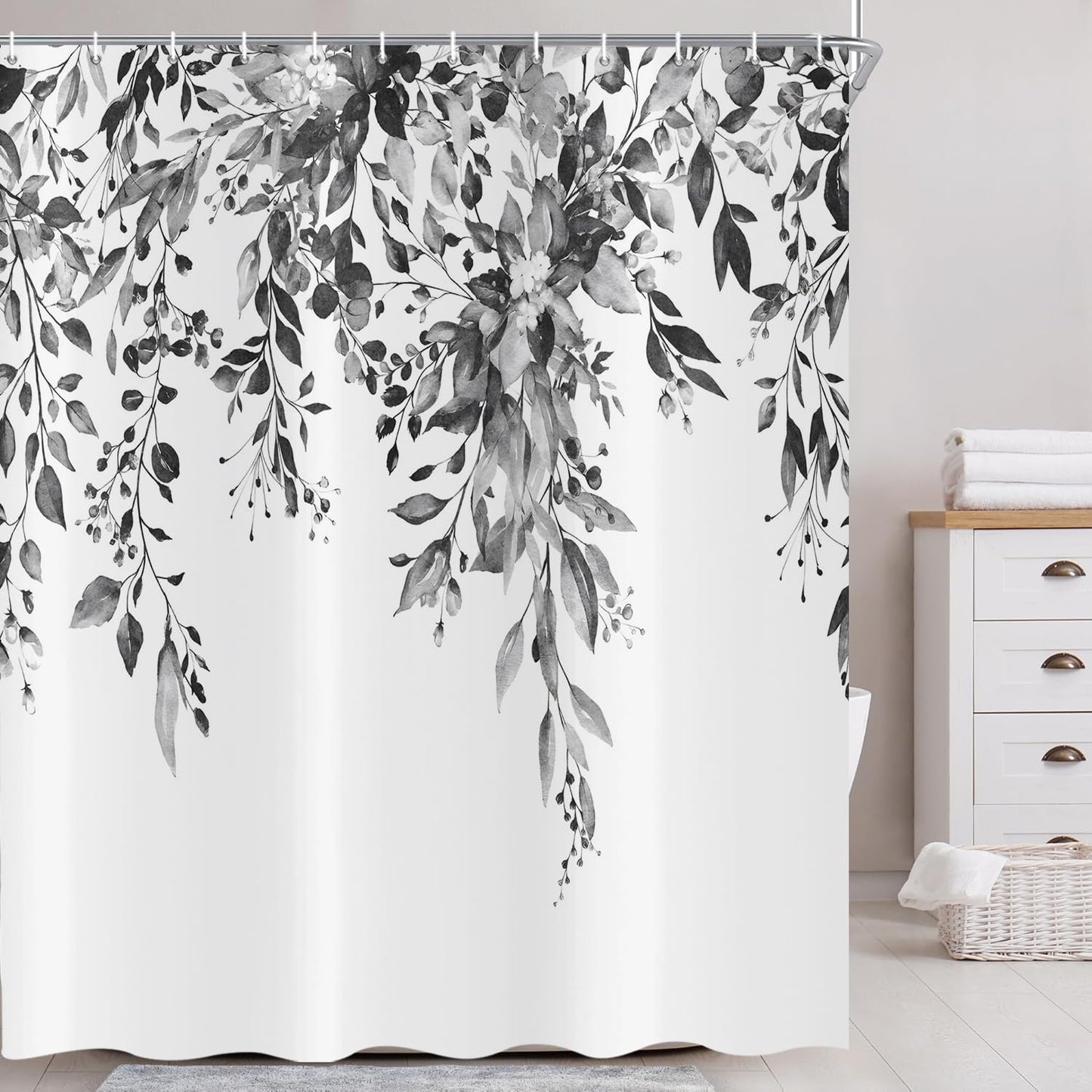 ASDCXZ Black Eucalyptus Shower Curtain 180x200 cm, Spring Watercolor Eucalyptus Leaves Floral Plants Waterproof Bath Curtain Polyester Textile