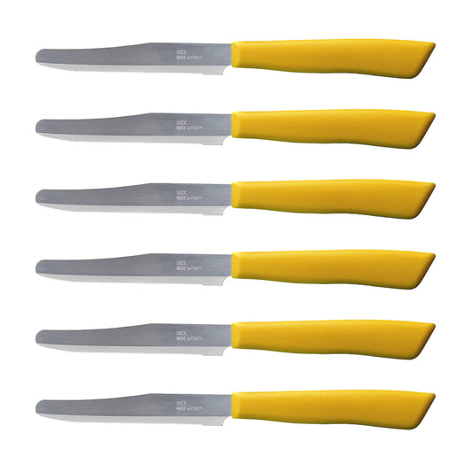 Tredoni 6 Kitchen Knives - 11cm Italian Stainless Steel Serrated Vegetable/Steak/Table Knife Cutlery, Rounded Tip (Yellow)