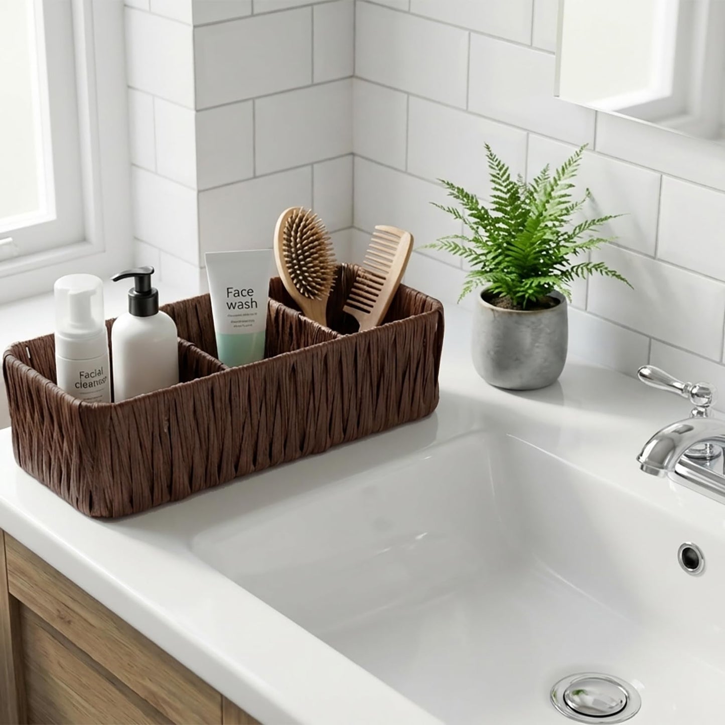 3 Compartment Bathroom Storage Basket, Resin Wicker Countertop Organiser