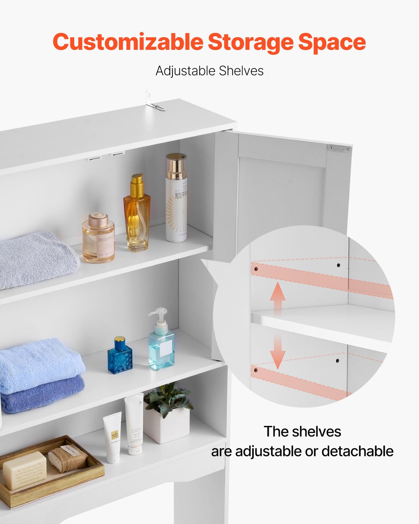 VEVOR Over The Toilet Storage Cabinet, 65 in Height Bathroom Storage Organizer with Double Door and Adjustable Shelf