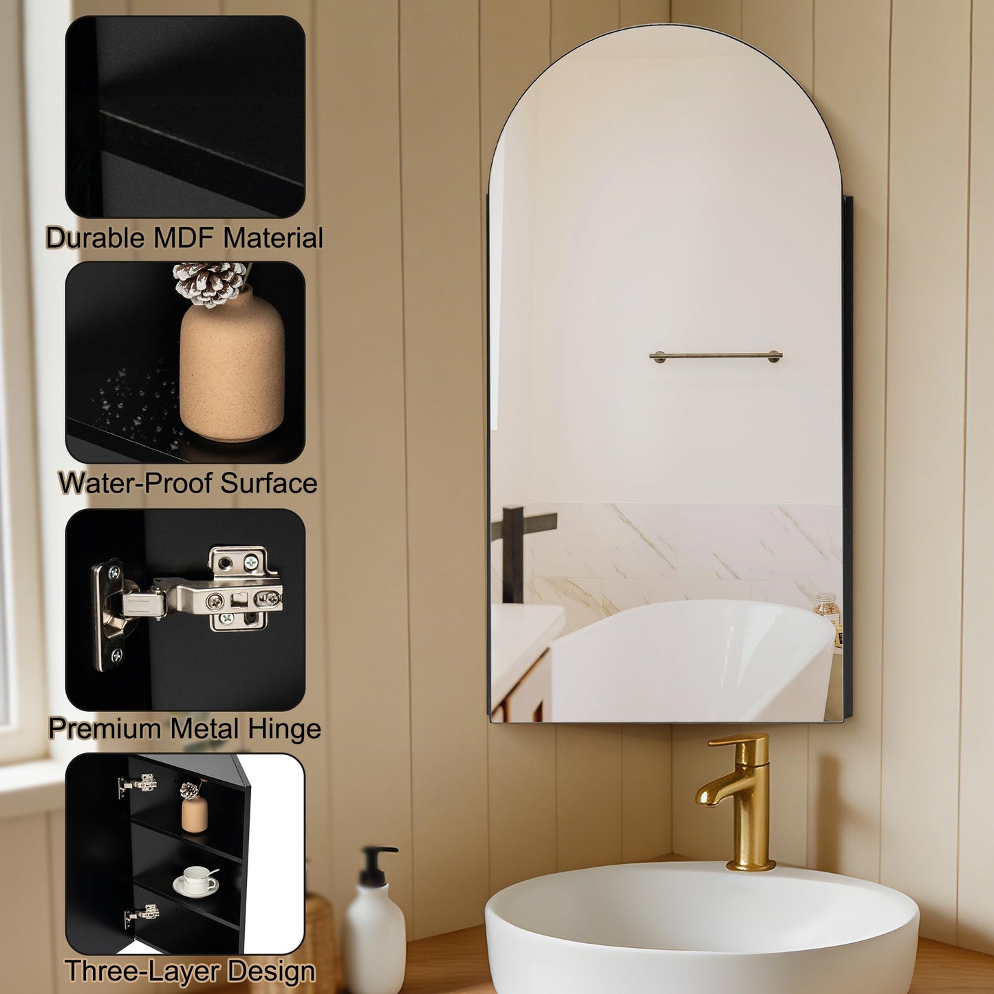 Ymahizax Corner Bathroom Cabinets with Mirror, Black Arched Bathroom Mirror Cabinet, 80x40CM Mirrored Cabinet for Bathroom