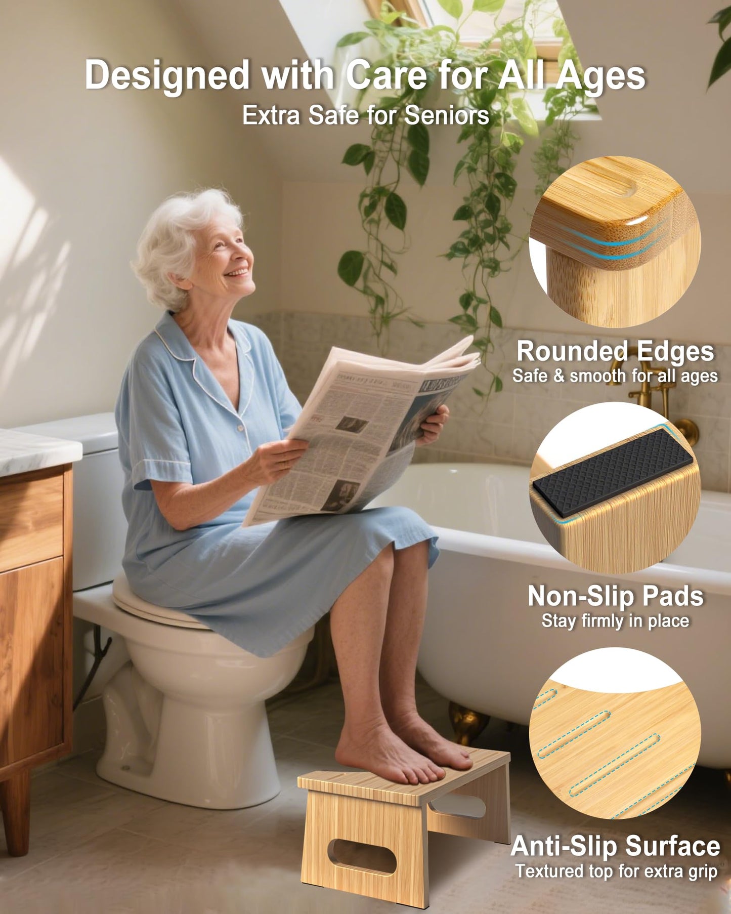 Toilet Stool 7 Inch Bamboo Squatting Step Stool for Adults, Kids & Elderly, Foldable Bathroom Stools , Anti-Slip & Easy to Clean Potty Tool