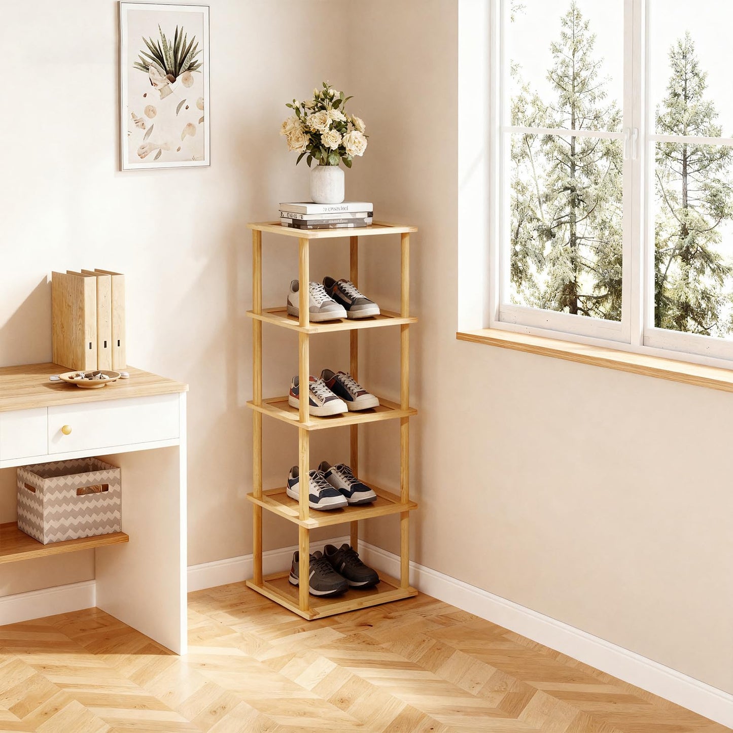 Aniston Bamboo Shoe Rack 5 Tier, Vertical Shoe Rack for Small Spaces, Free Standing Tall Narrow Shoe Organizer for Garage, Closet, Doorway, Corner
