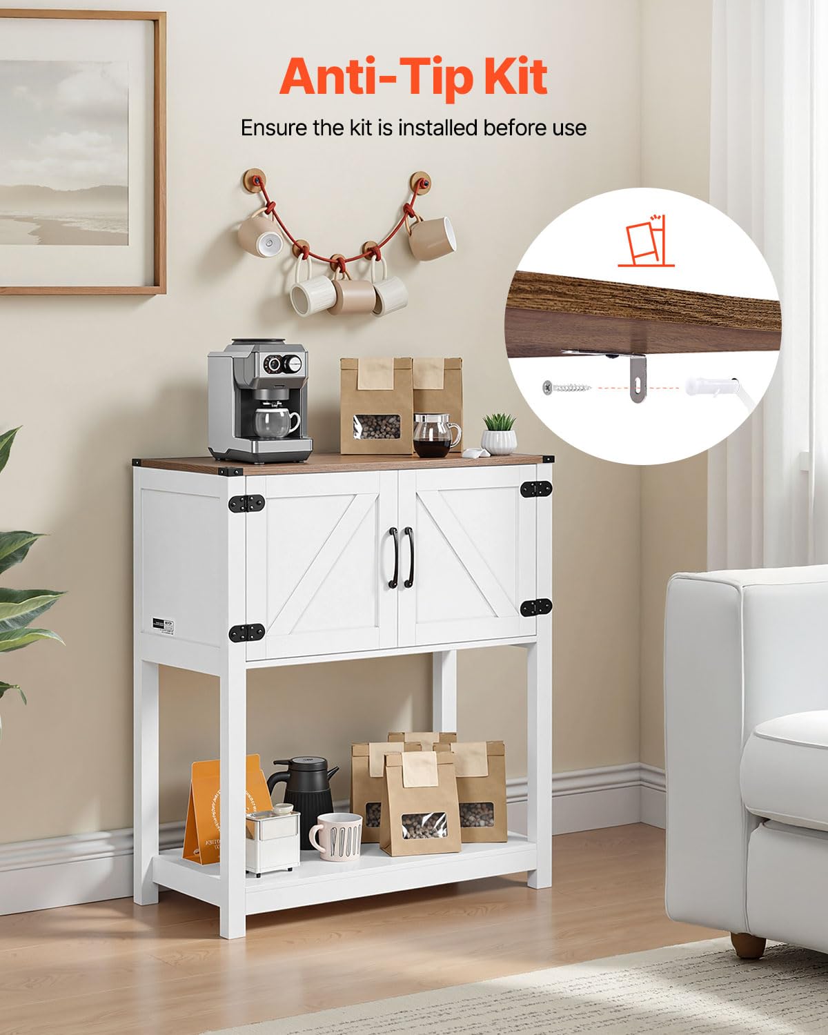 VEVOR Coffee Bar Cabinet, 31.5 x 13.8 x 34.6 in Farmhouse Coffee Bar Cabinet with 3-Tier Storage, Table with Magnet Doors