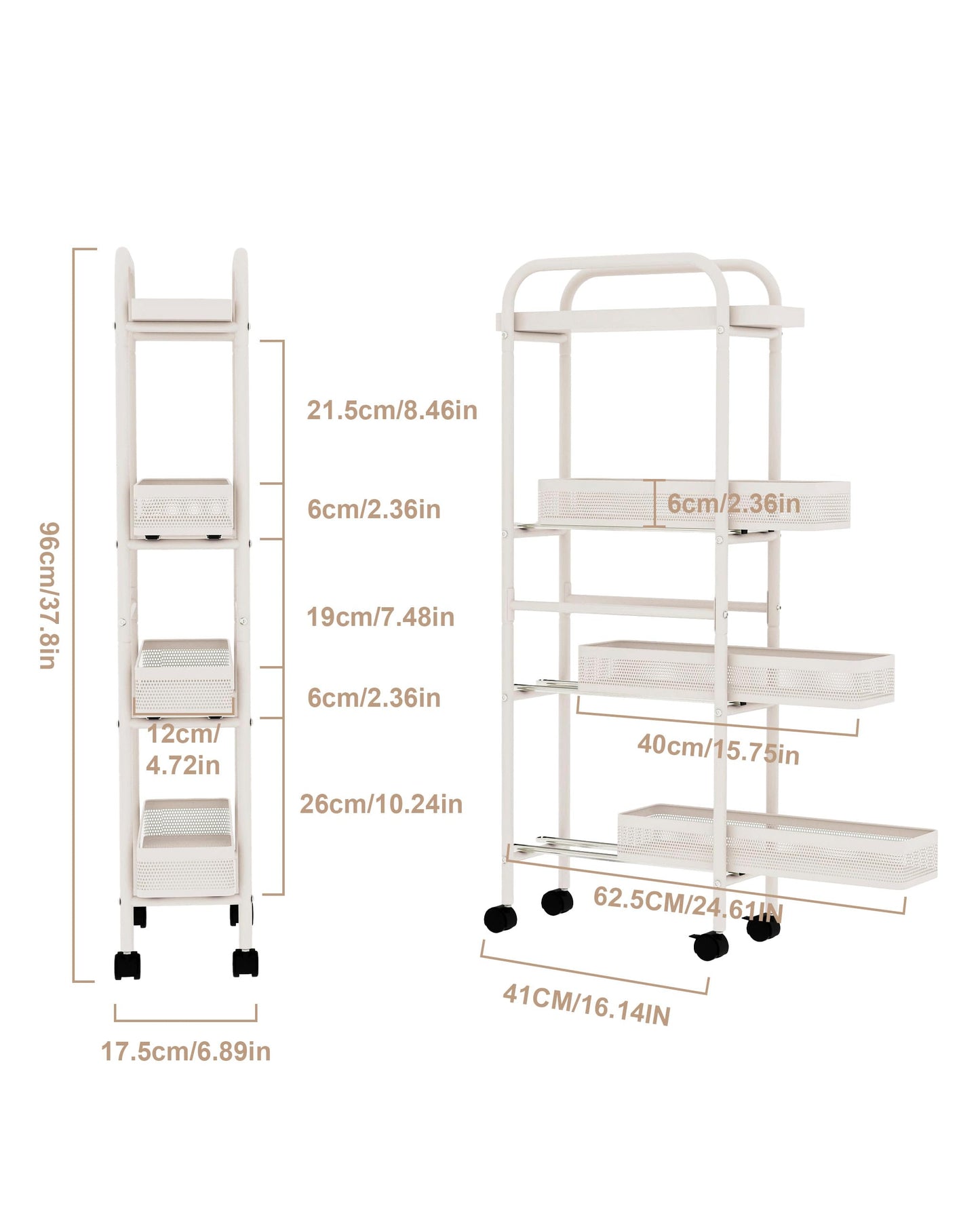 UMDONX Metal Kitchen Storage Trolley with Pull out Basket Narrow 4 Tier