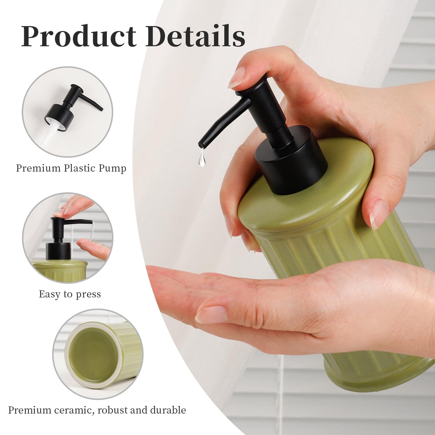 ANTIS'S HOME Ceramic Soap Dispenser Liquid 350ml | Refillable Hand & Dish Soap Bottle for Bathroom Kitchen | Modern Matte Green Countertop Dispenser