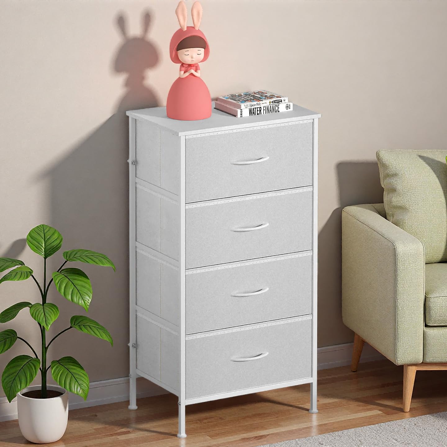 KU Syang Bedroom 4-Drawer Chest Storage Unit, MDF Top Adjustable Feet Anti-Tip Design for Bedroom Living Room, Size 45x30x91cm (17.7x11.8x35.8in)