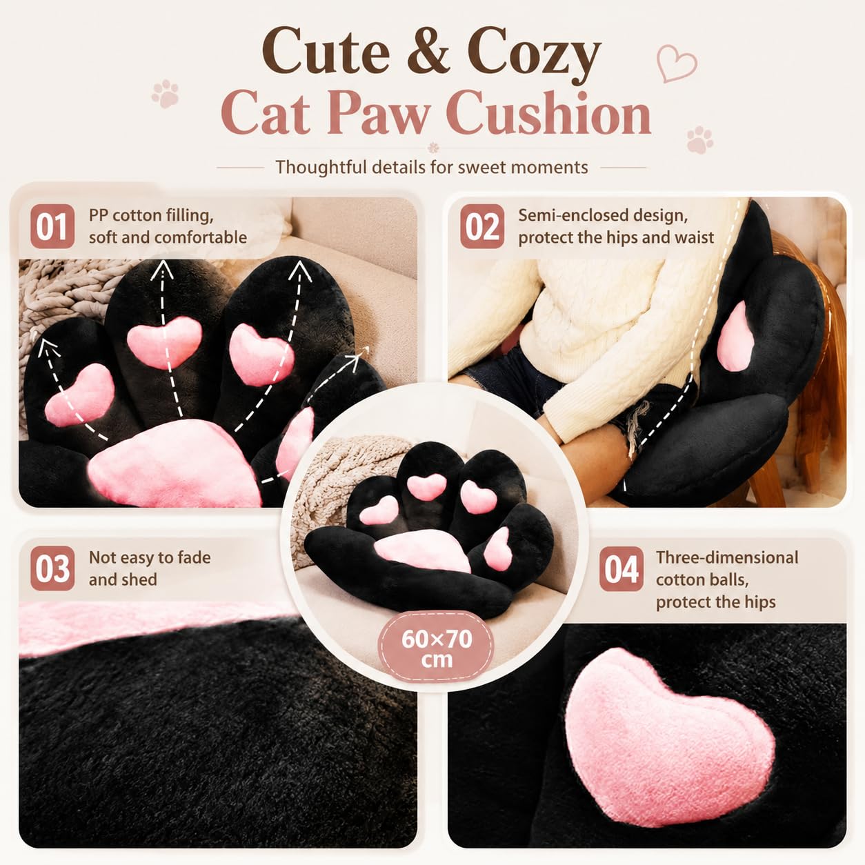 Firecos Cat Paw Chair Cushion, Cute Paw Shaped Plush Cushion, Warm Soft Chair Cushion for Dining Room Bedroom Office 70 x 60 cm (Black)