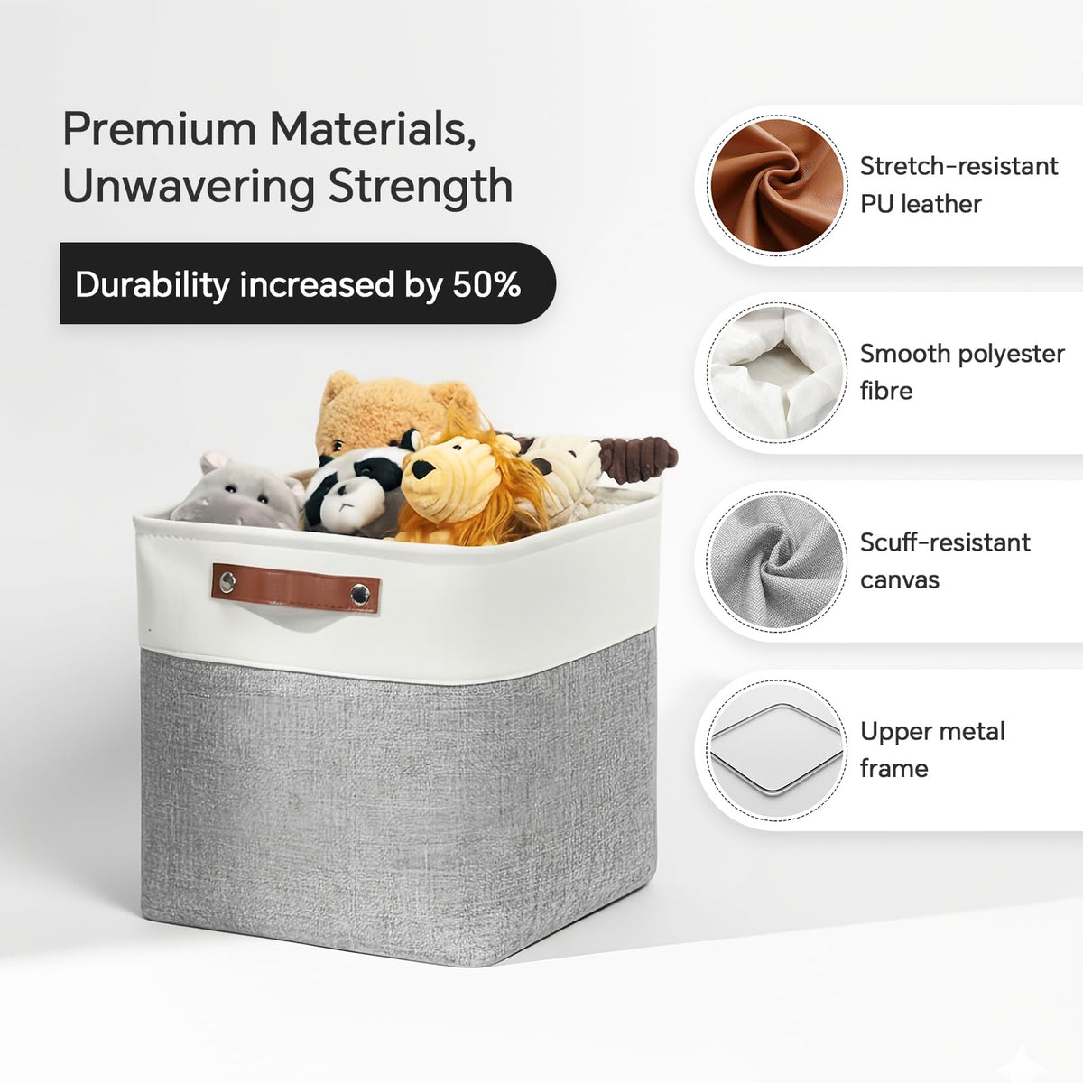Mangata 25|28|30|33cm Fabric Storage Boxes Cubes, 3 Pack 33x33x33cm, Grey White