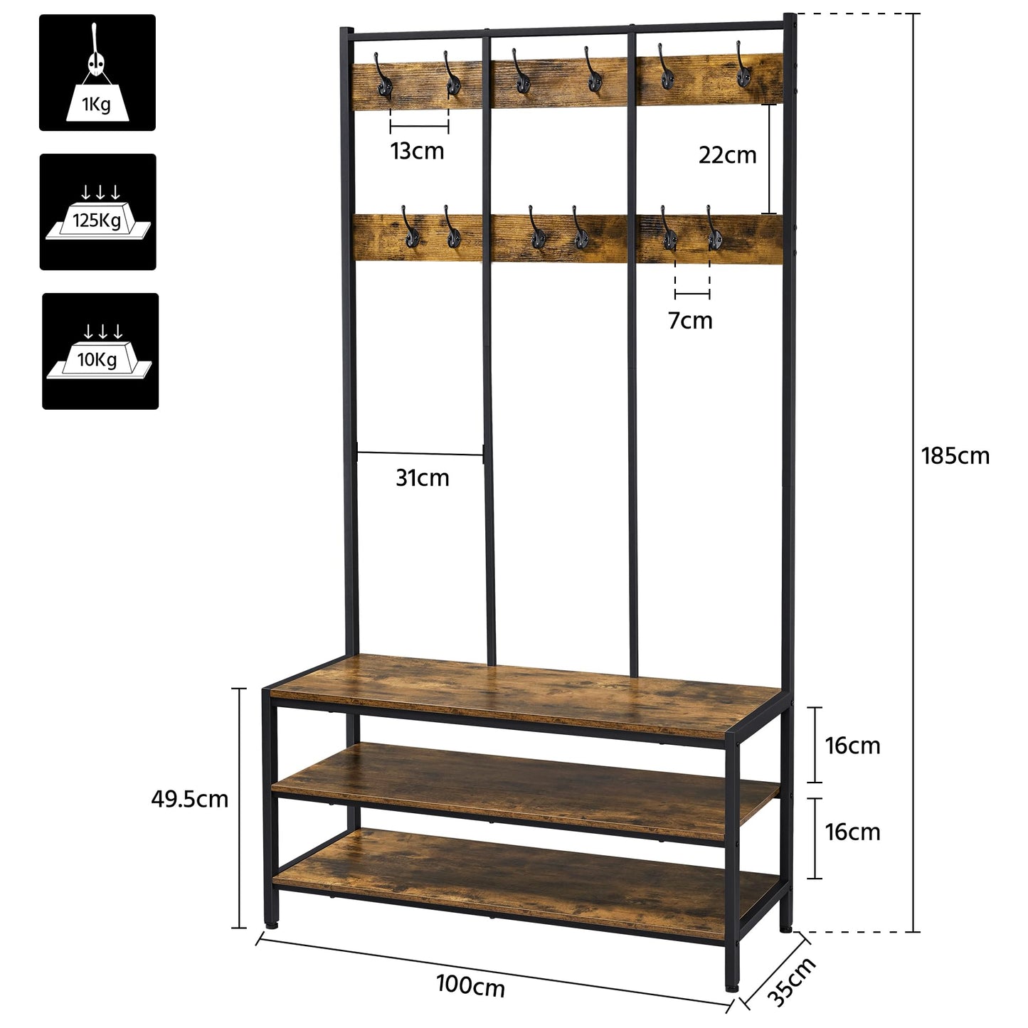 Yaheetech 3-in-1 Hall Tree Coat Rack with Shoe Bench & 24 Hooks, Brown
