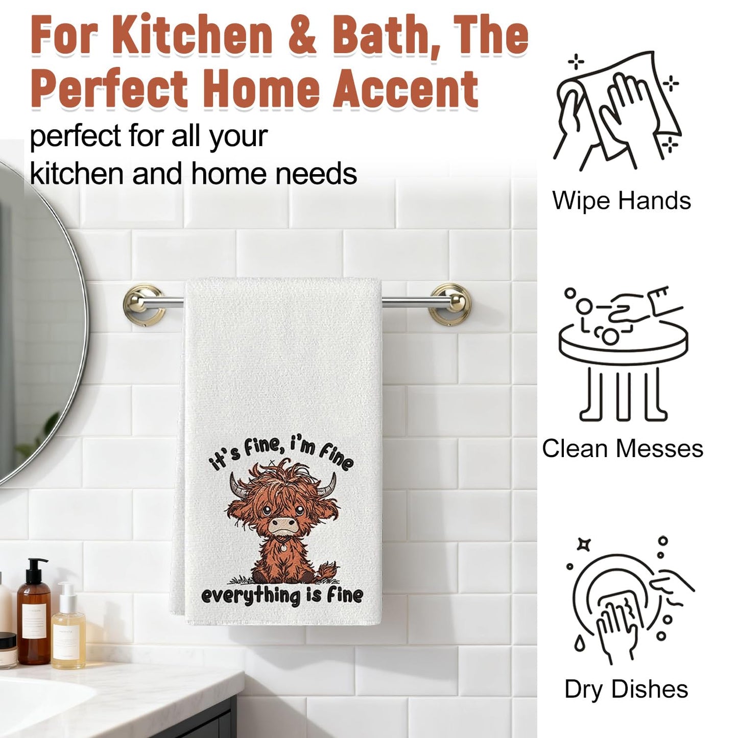 Highland Cow Towels, 2Pcs Soft Microfiber Tea Towels, Highland Cow Kitchen Accessories, Quick Dry for Everyday Cleaning, Home Decoration