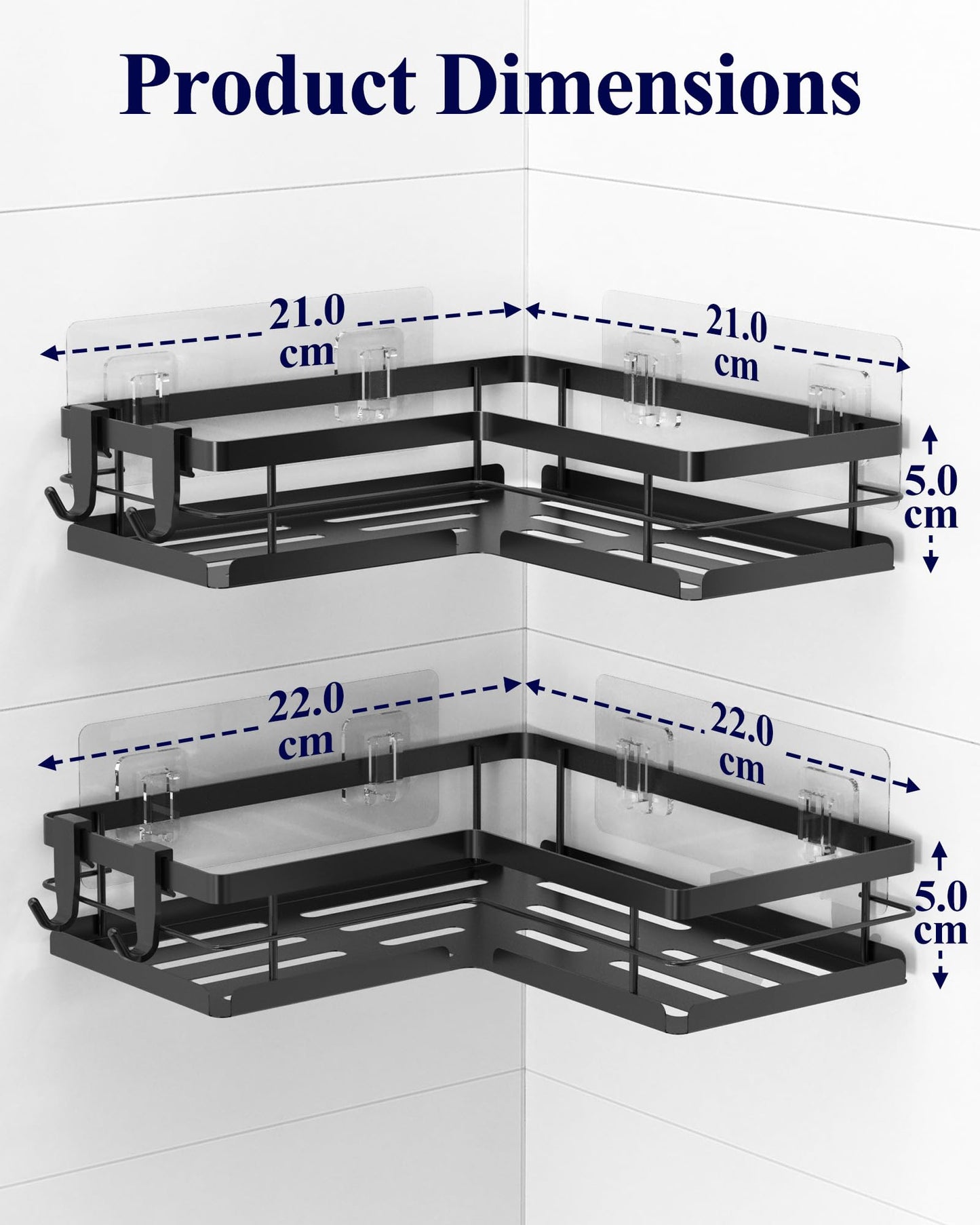 Kitsure Corner Shower Caddy – 2-Pack Adhesive Bathroom Shelves, Black, L