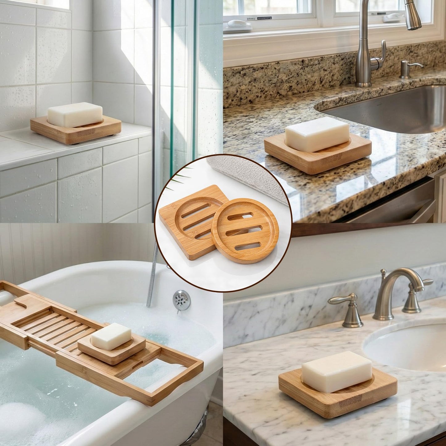 2 PCS Wooden Soap Dish Round Bamboo Soap Dish Holder Shower Steamer Tray Wood Soap-Tray for Shower Home Bathroom (Round and Square)