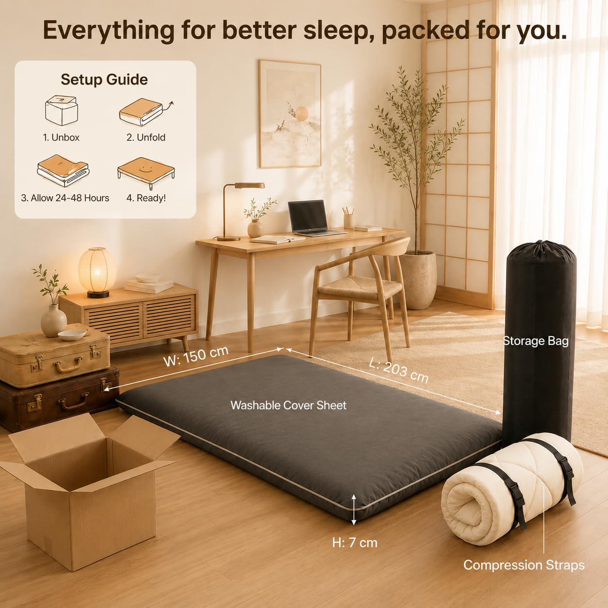 Zen.Rest 7 Layer Memory Foam Japanese Futon Mattress with Portable Storage Bag, Foldable Roll Up, Thick Tatami Mat,Floor Lounger Bed