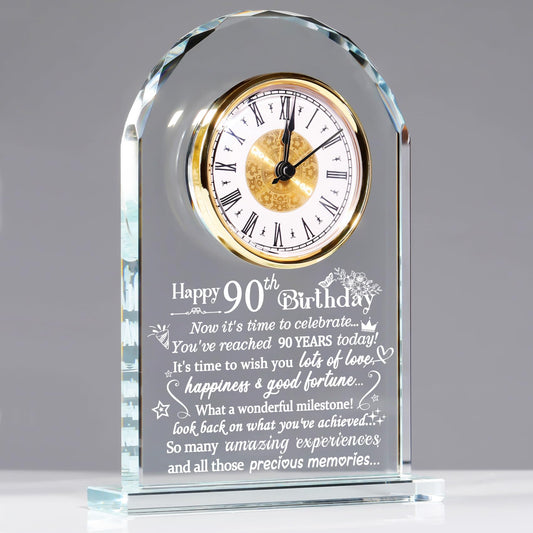 Ornalrist Happy 90th Birthday Quartz Clock Gifts for Women Men, 90th Birthday Presents for Grandparents Glass Keepsake Birthday Blessing for Turning