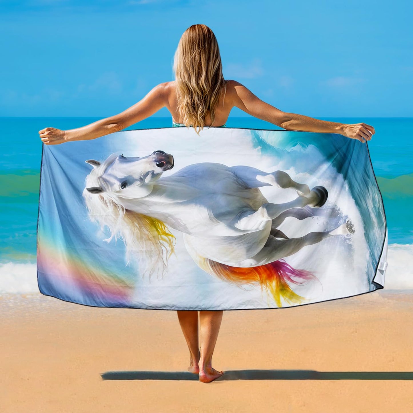 Violetpos Rainbow Mane White Horse Beach Towel, Extra Large 180x90 cm 250GSM Microfibre, Sand Free Quick Dry