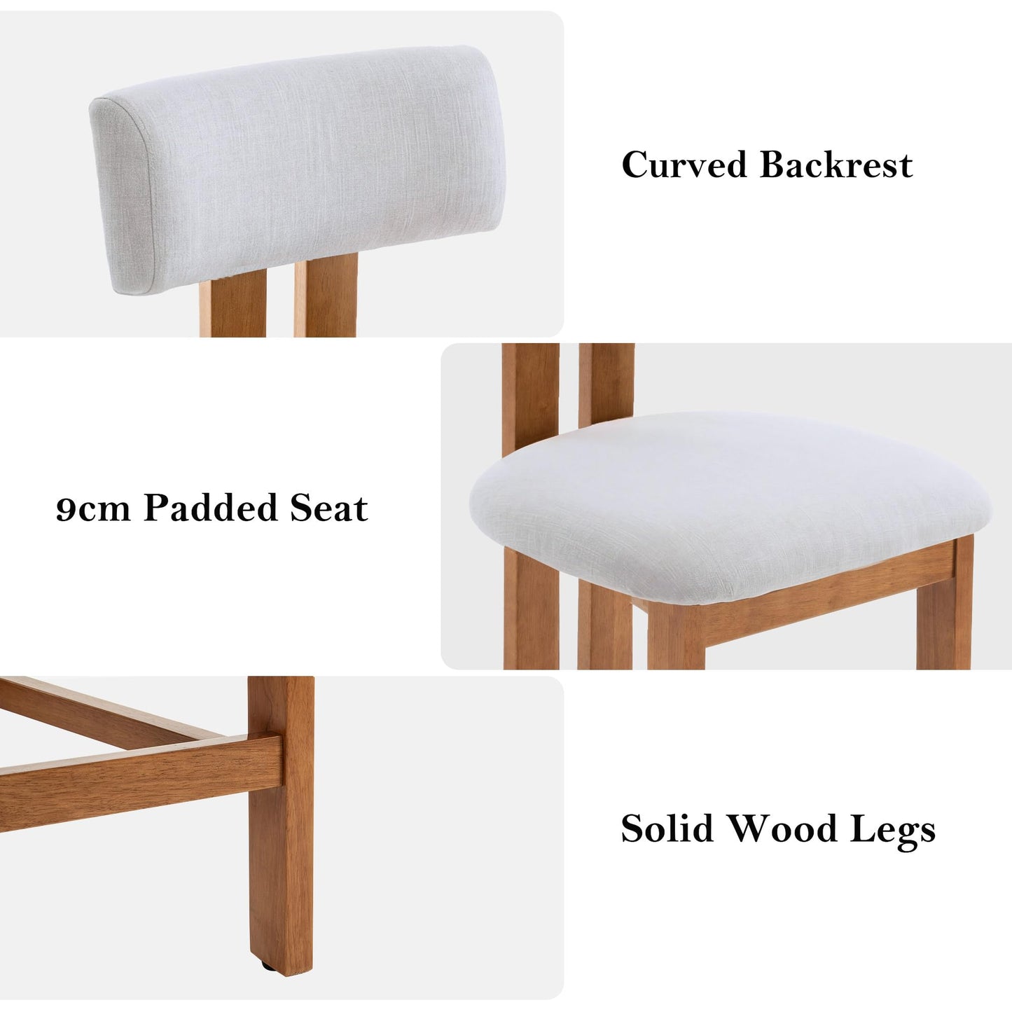 younturn Retro Mid Century Bar Stools Set of 2, Comfort Padded Linen Upholstered Seats Breakfast Barstools with Backrest