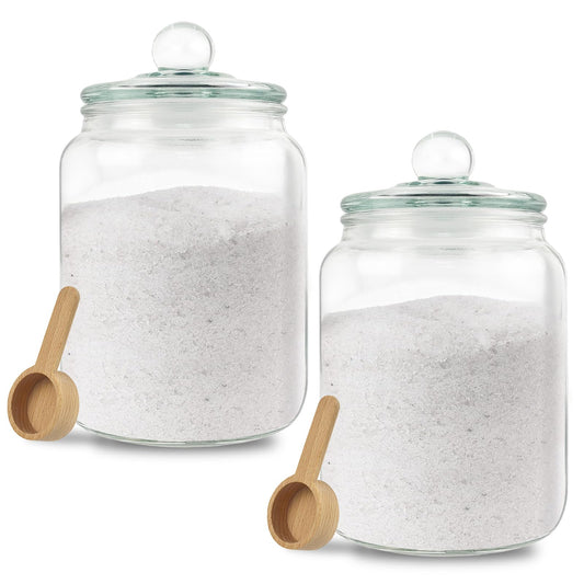 2 Sets 2 Litre Bath Salt Container Large Glass Jars with Airtight Lid and Scoop Wide Mouth Storage Jar with Wooden Scoop for Bath Flour Salt Candy Tea