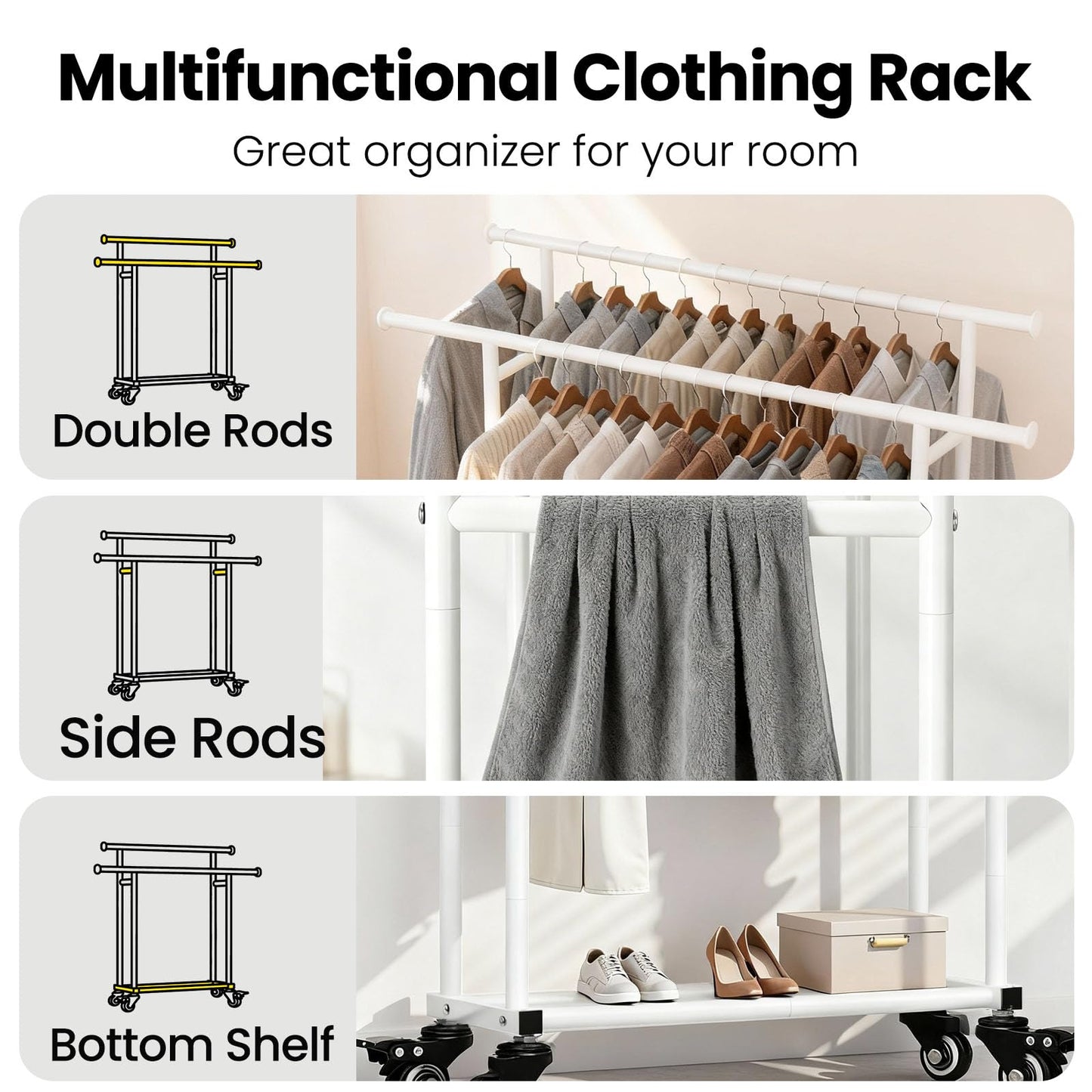 Sour Lemon Double Clothes Rail Heavy Duty Free Standing Clothing Rail White