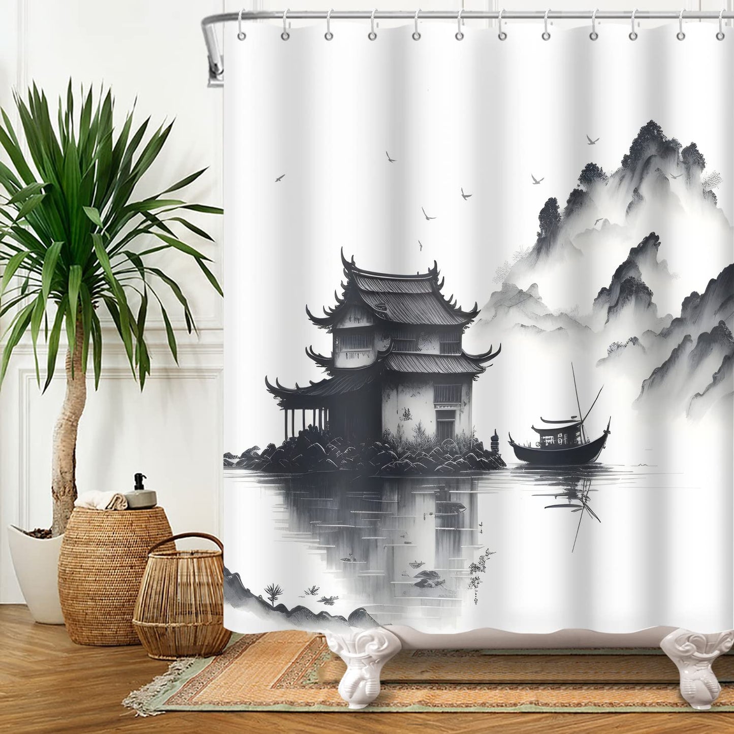 SDOTPMT 180x180cm Lake Mountain Shower Curtain Smokey Mountain Boat Wild Nature Bathtub Countryside Scenery Photo Artwork Bath Curtain for Bathroom