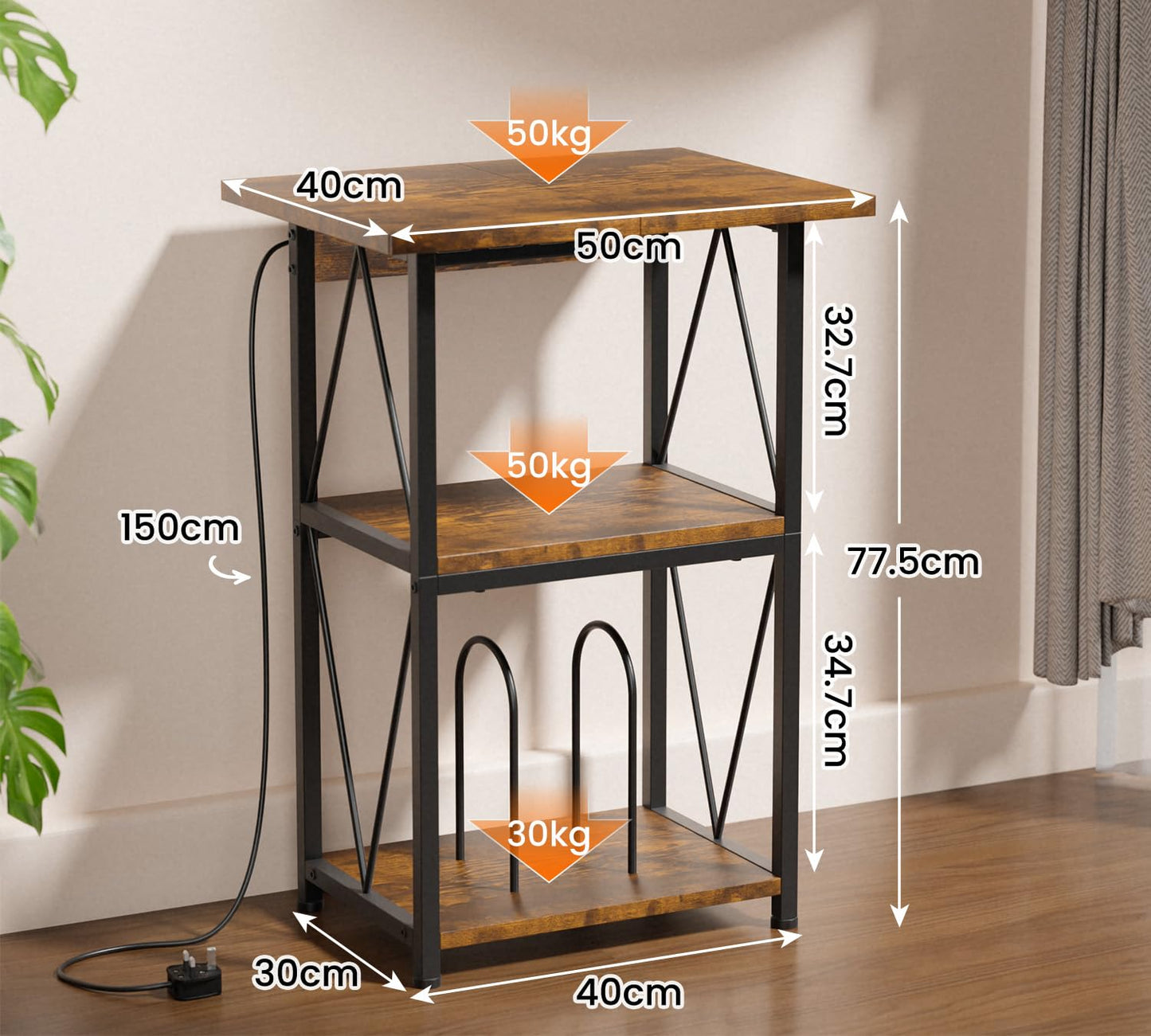 HFHOME 2025 Upgraded Extended Tabletop Record Player Stand with Charging Station, 3 Tier End Table with Vinyl Record Storage